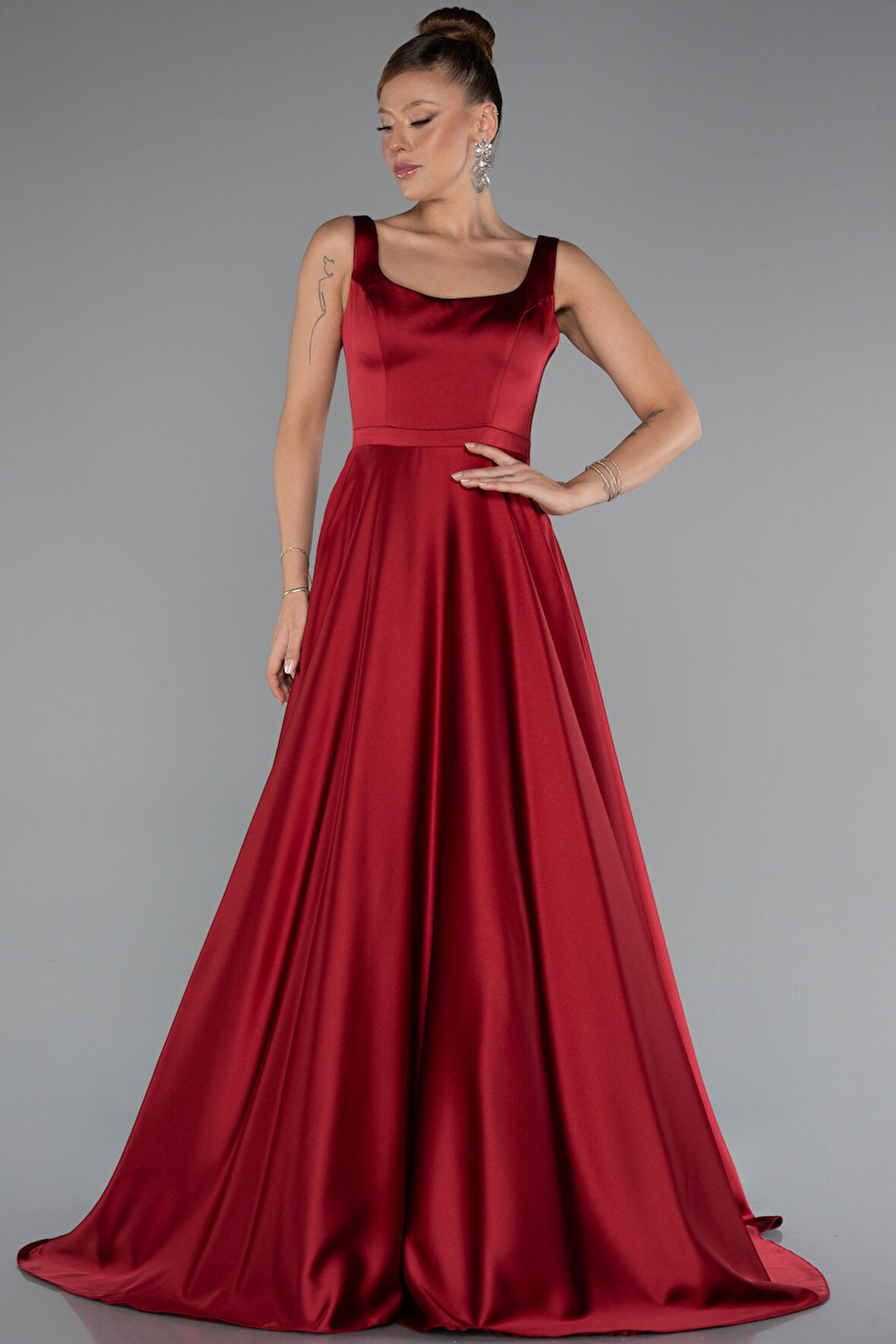 Kolsuz Uzun Saten Abiye Elbise ABU5136