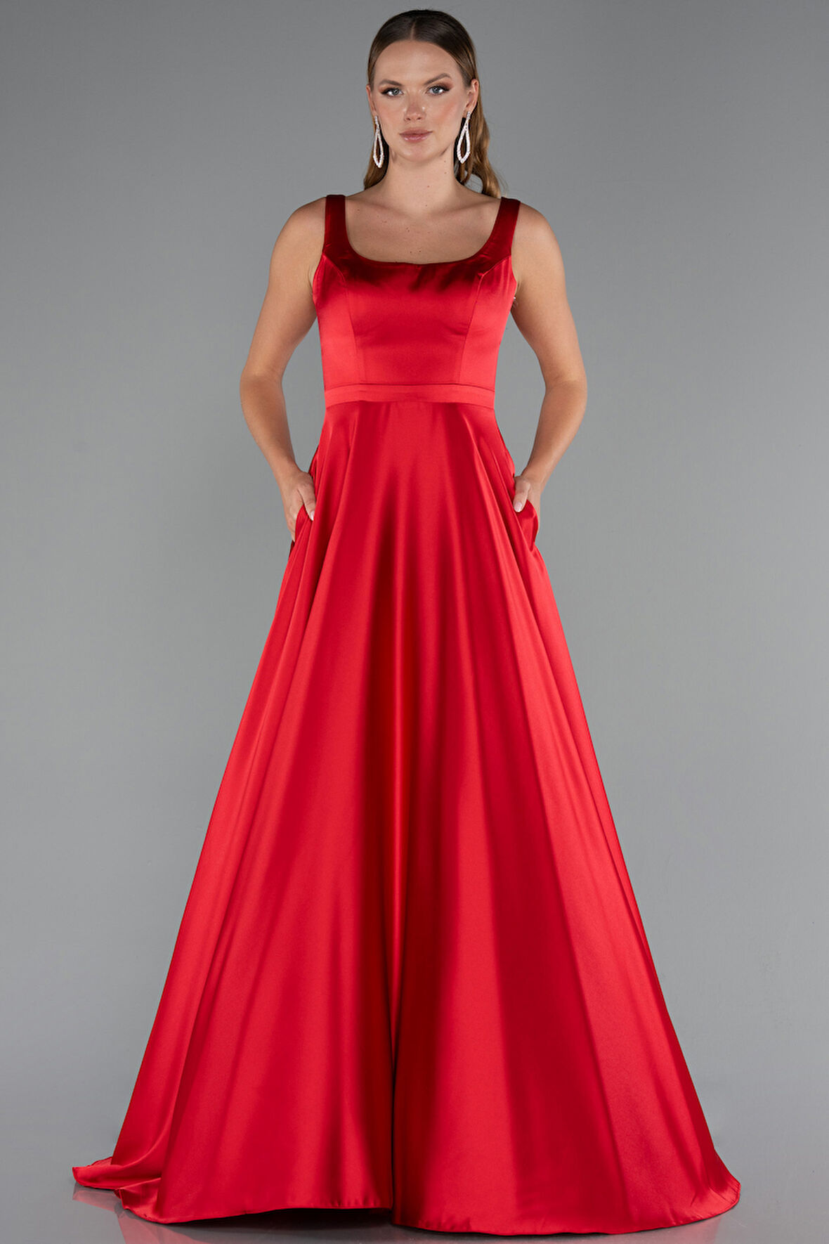 Kolsuz Uzun Saten Abiye Elbise ABU5136