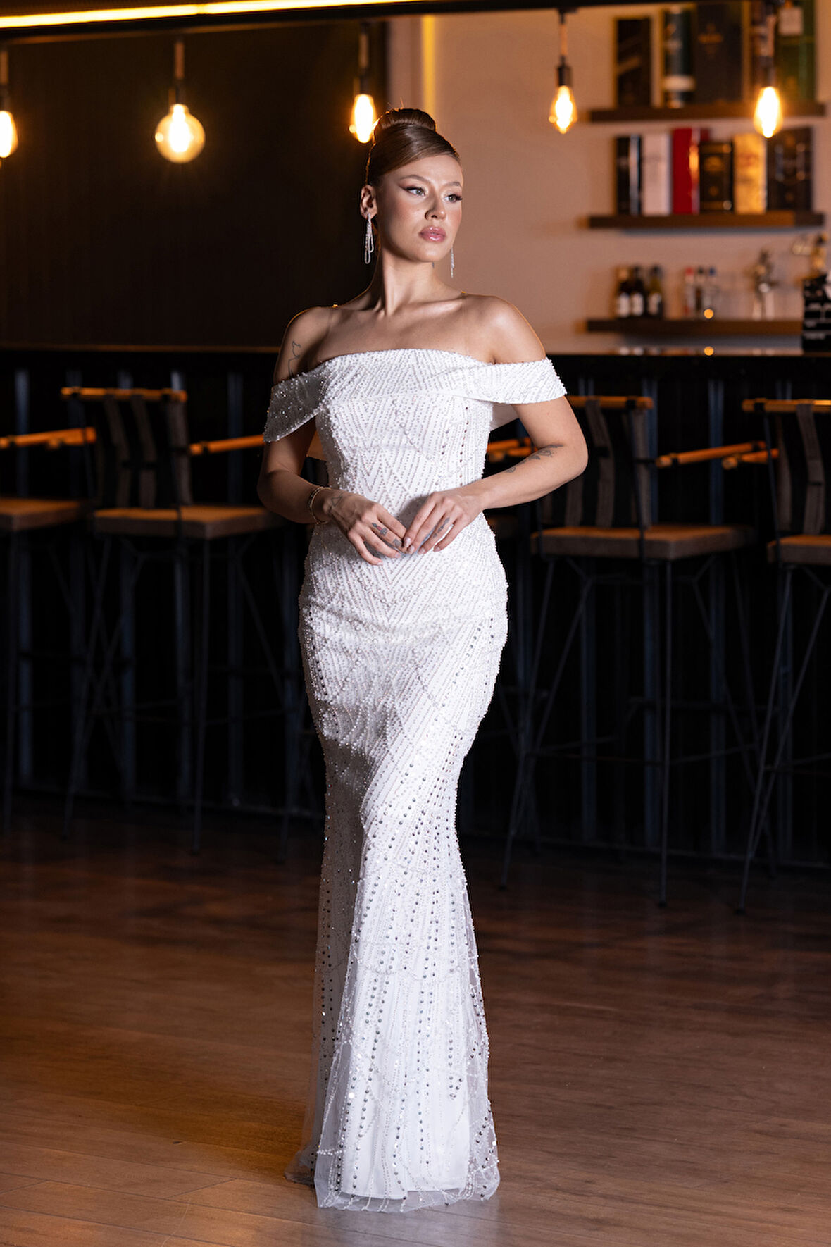 Kayık Yaka Uzun Boncuklu Balık Abiye Elbise ABU5137