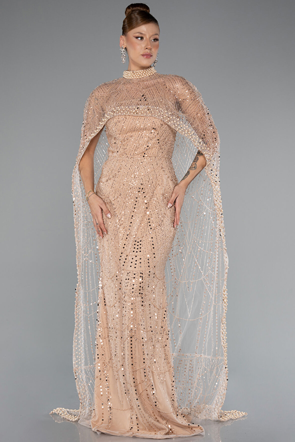 Straplez Uzun Şal Detay Boncuklu Abiye ABU5141