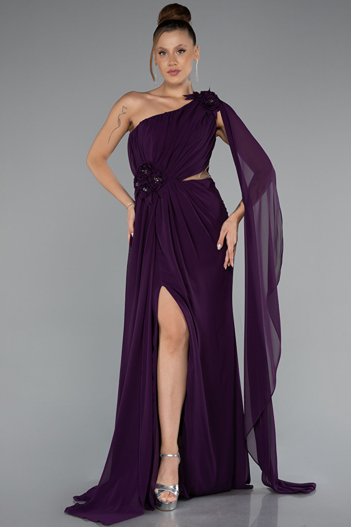 Şallı Tek Omuz Yırtmaçlı Uzun Şifon Abiye ABU5144