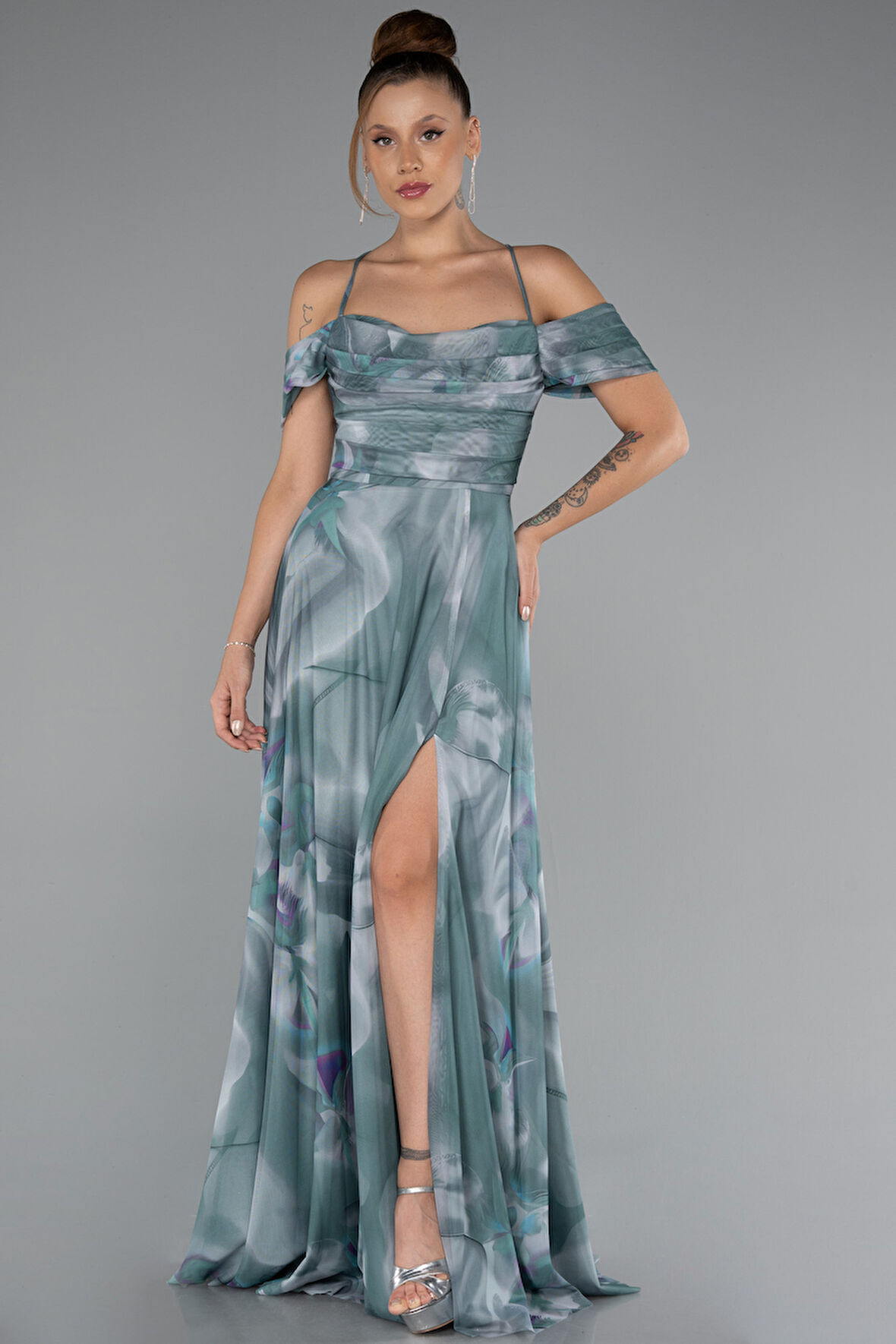 Bacak Dekolteli Uzun Empirme Abiye Elbise ABU5148