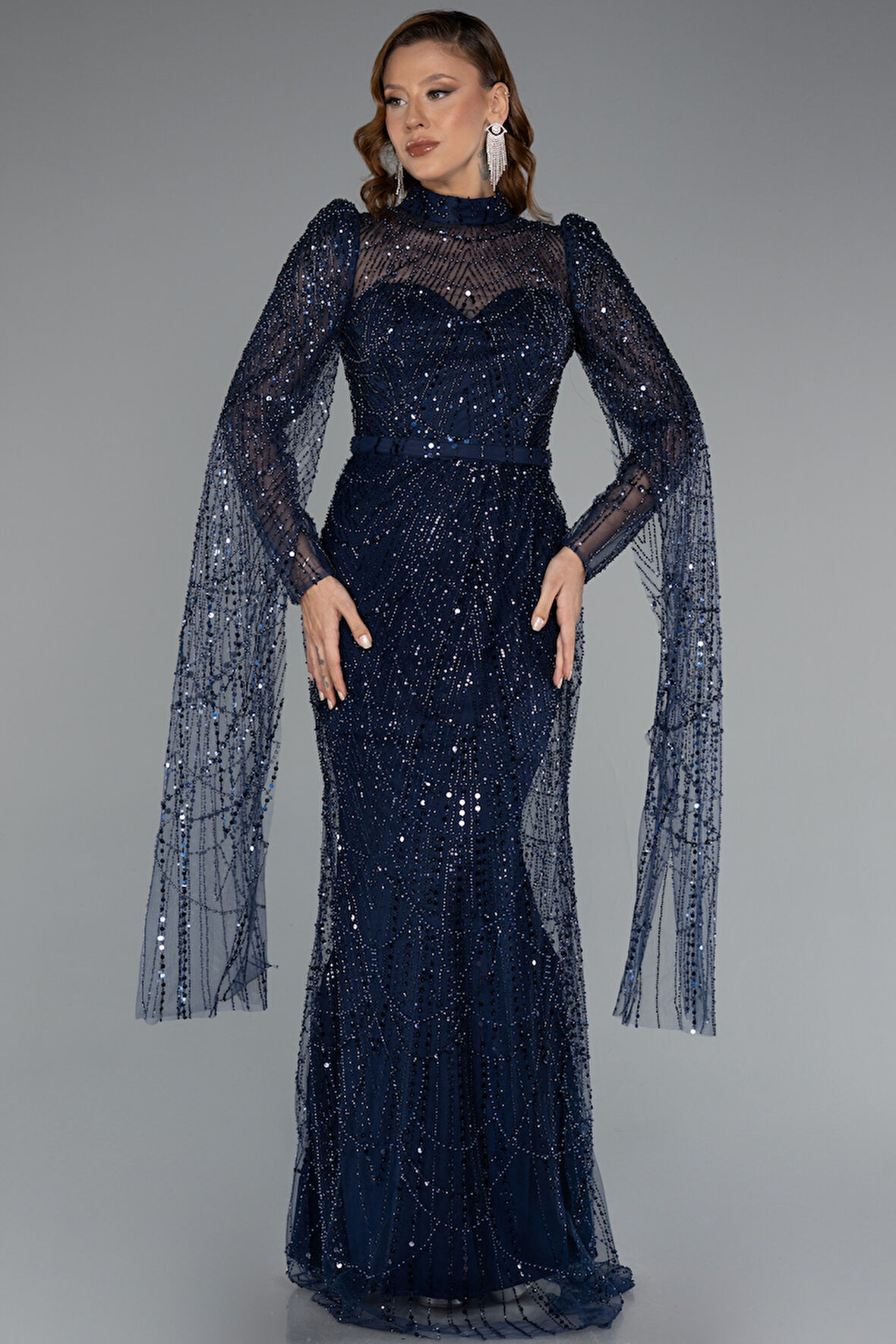 Şallı Uzun Kol Dik Yaka Boncuklu Abiye ABU5152