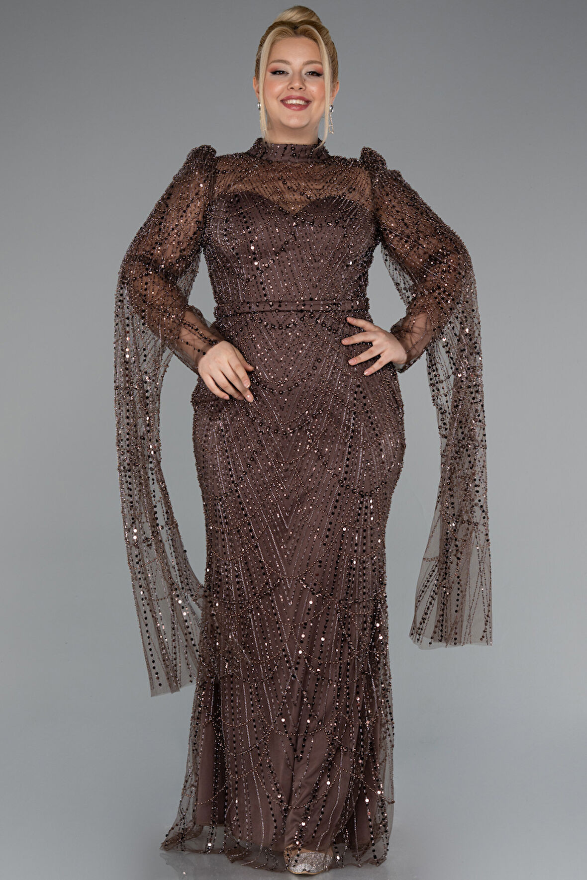 Uzun Kol Dik Yaka Boncuklu Büyük Beden Abiye ABU5153