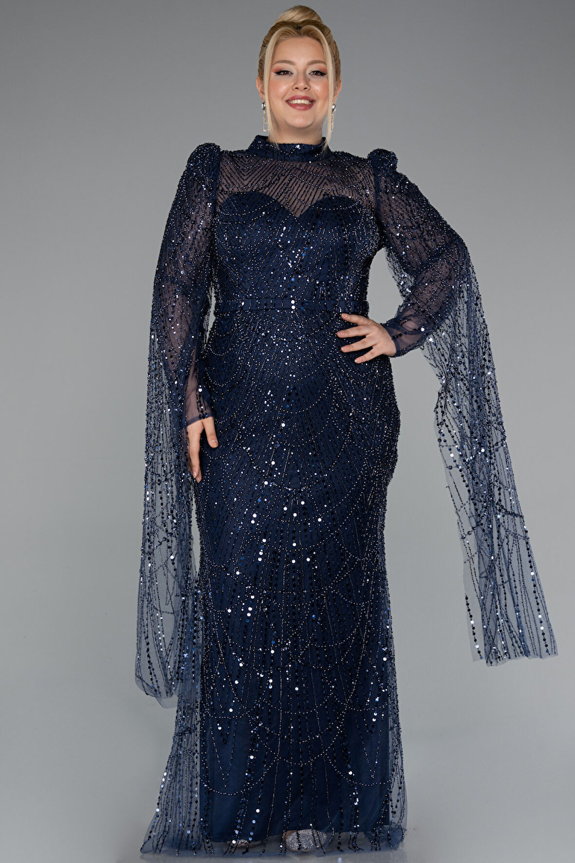 Uzun Kol Dik Yaka Boncuklu Büyük Beden Abiye ABU5153