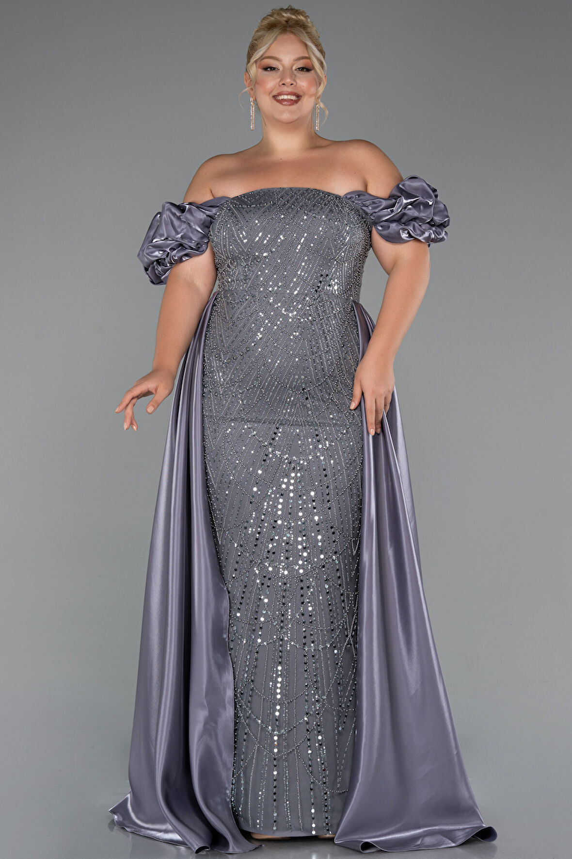 Kayık Yaka Uzun Boncuklu Büyük Beden Abiye ABU5155