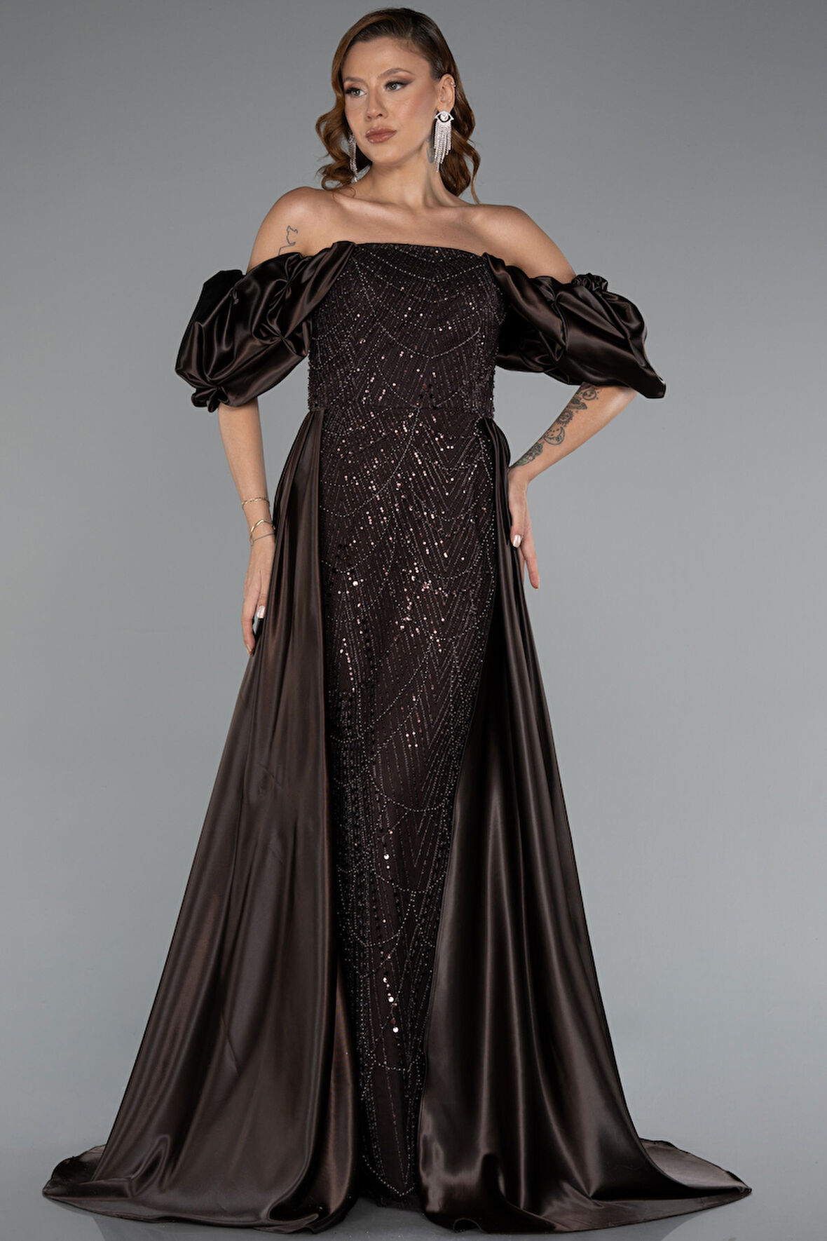 Kayık Yaka Uzun Boncuklu Büyük Beden Abiye ABU5155