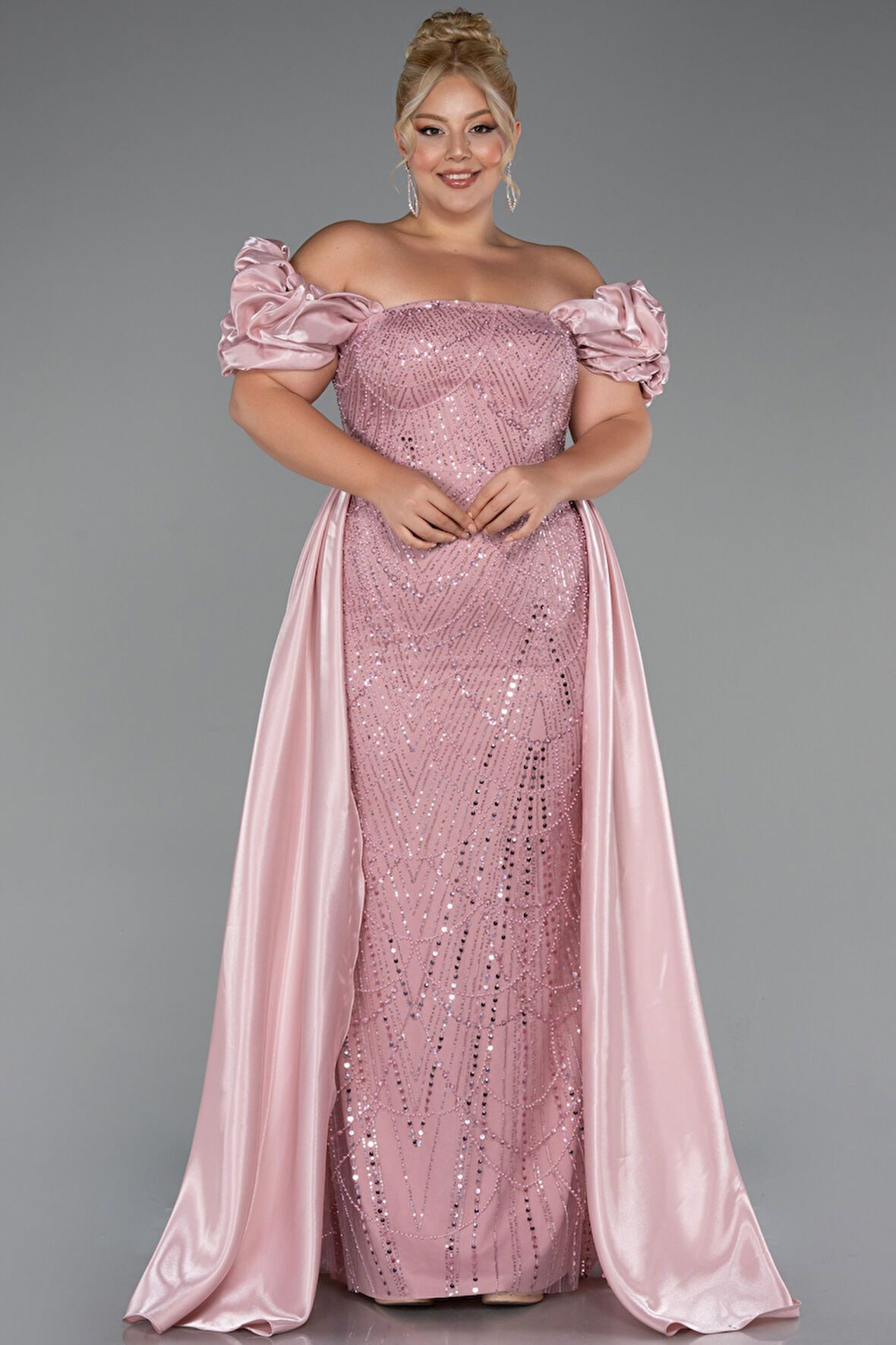 Kayık Yaka Uzun Boncuklu Büyük Beden Abiye ABU5155