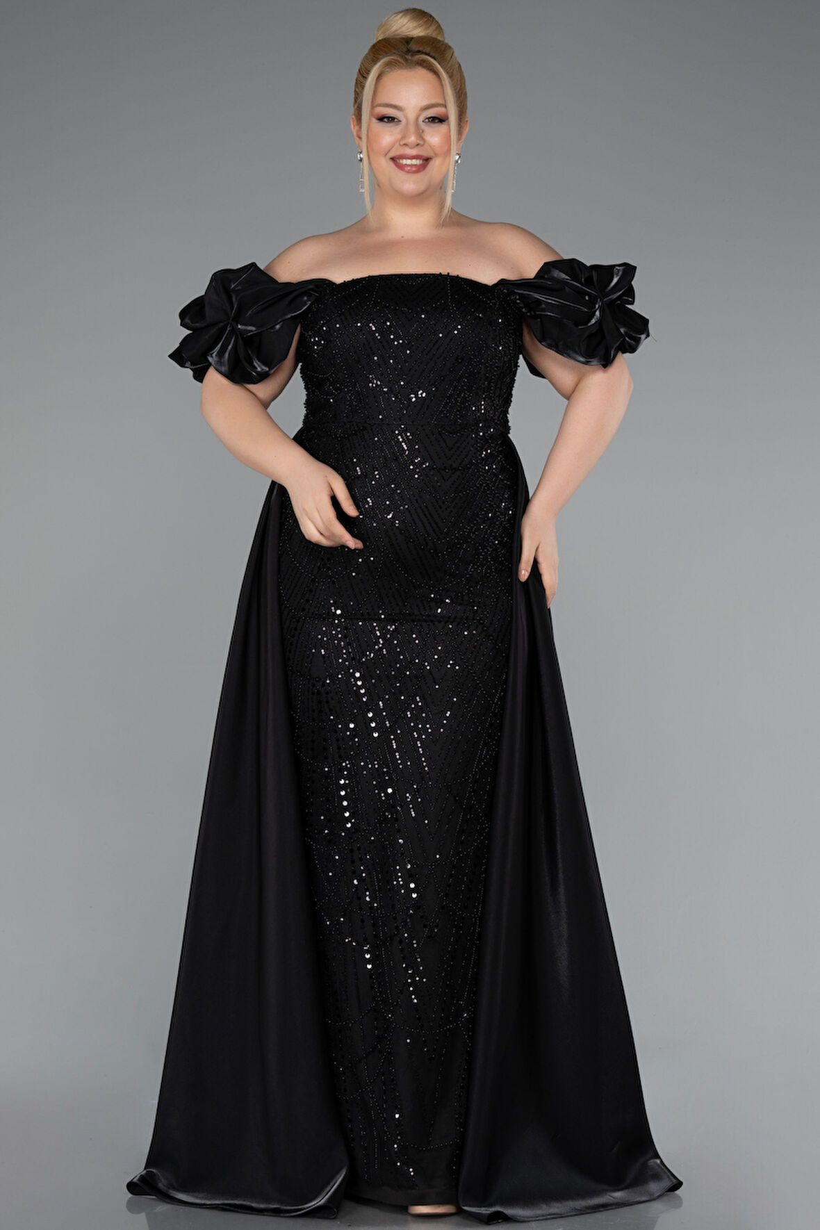 Kayık Yaka Uzun Boncuklu Büyük Beden Abiye ABU5155