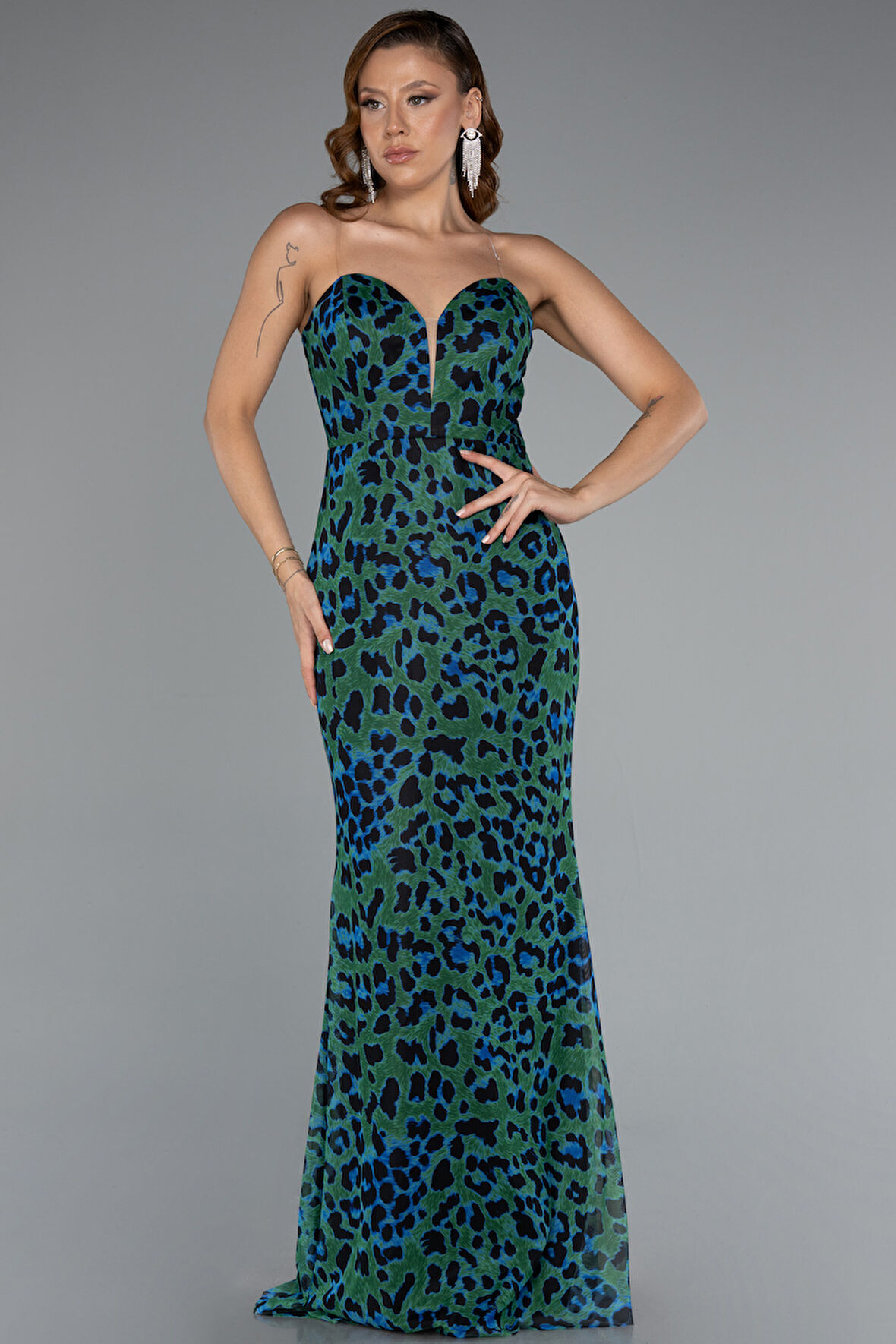 Straplez Uzun Empirme Baskı Abiye Elbise ABU5170