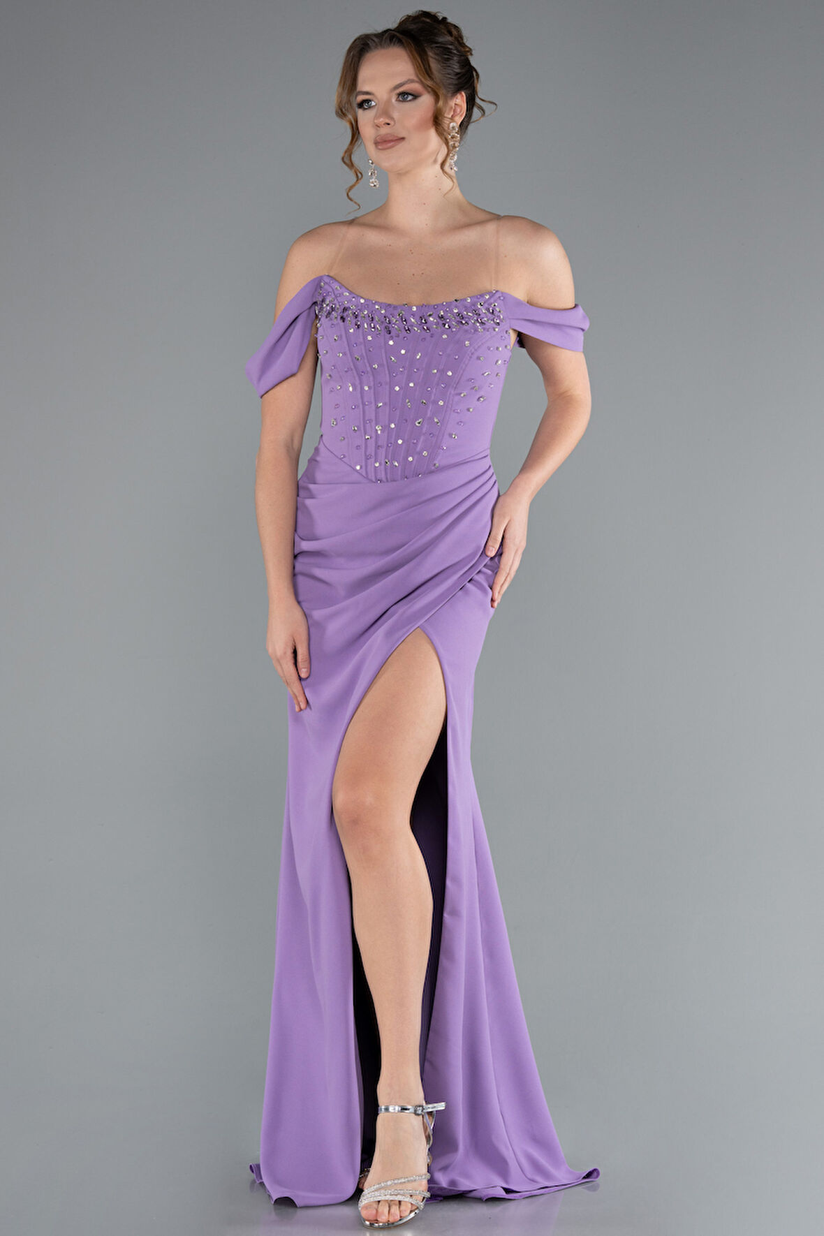 Taşlı Kayık Yaka Yırtmaçlı Uzun Abiye ABU5176