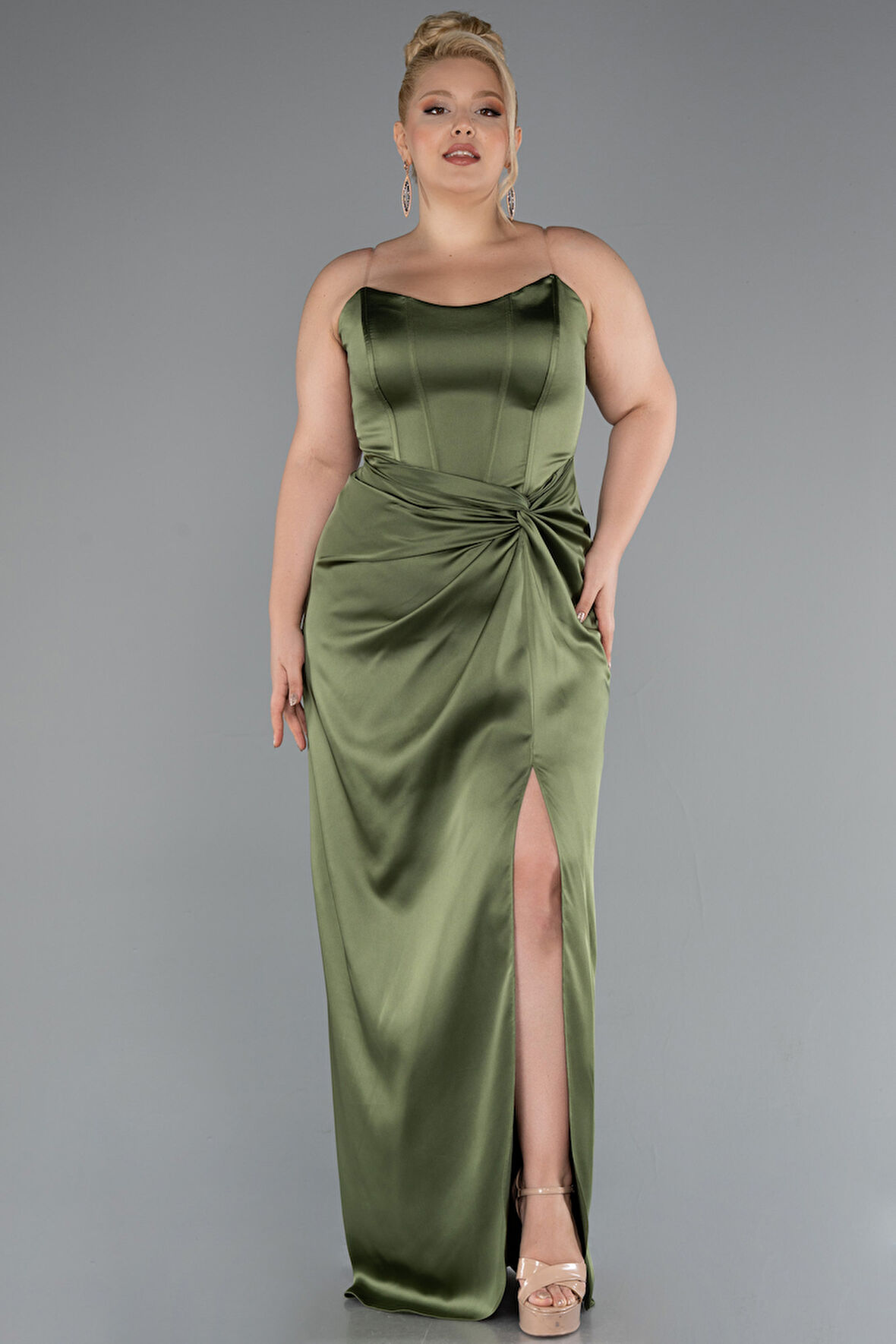 Straplez Yırtmaçlı Uzun Saten Büyük Beden Abiye ABU5179