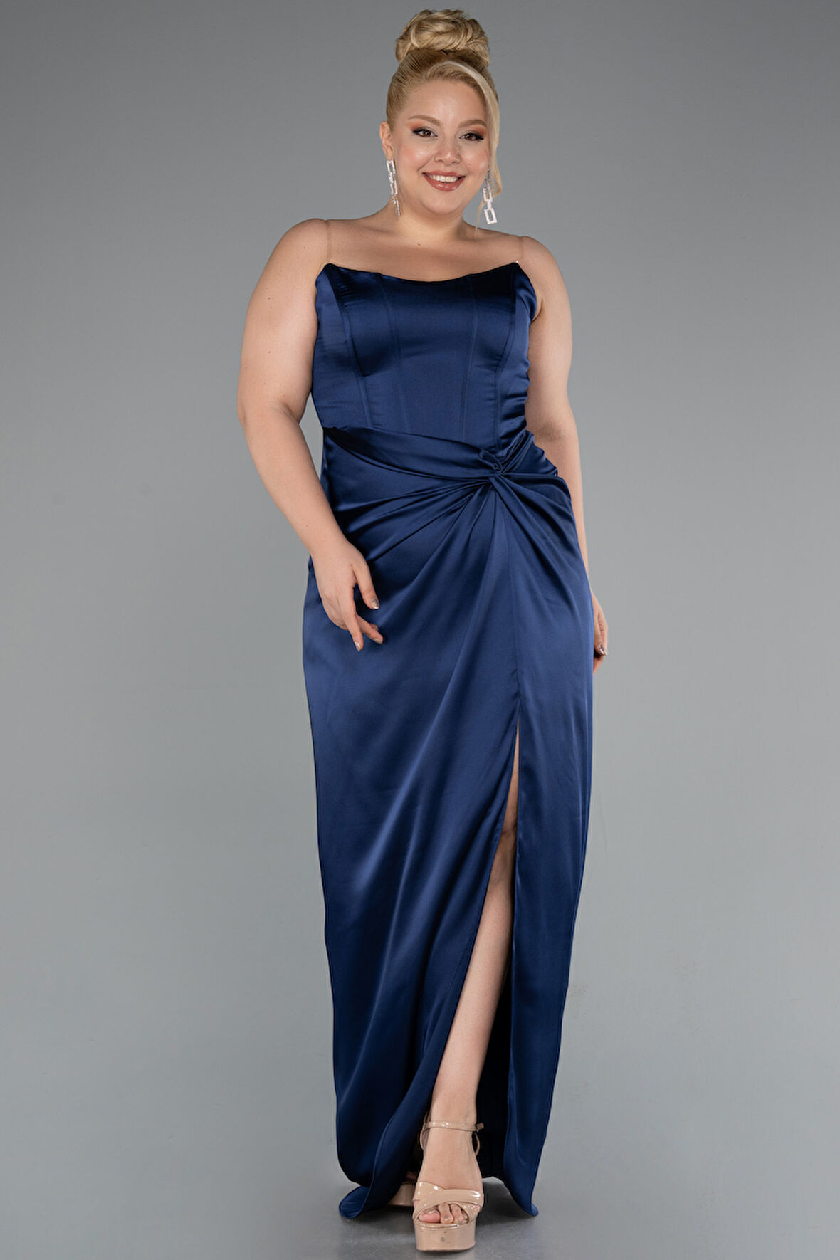 Straplez Yırtmaçlı Uzun Saten Büyük Beden Abiye ABU5179