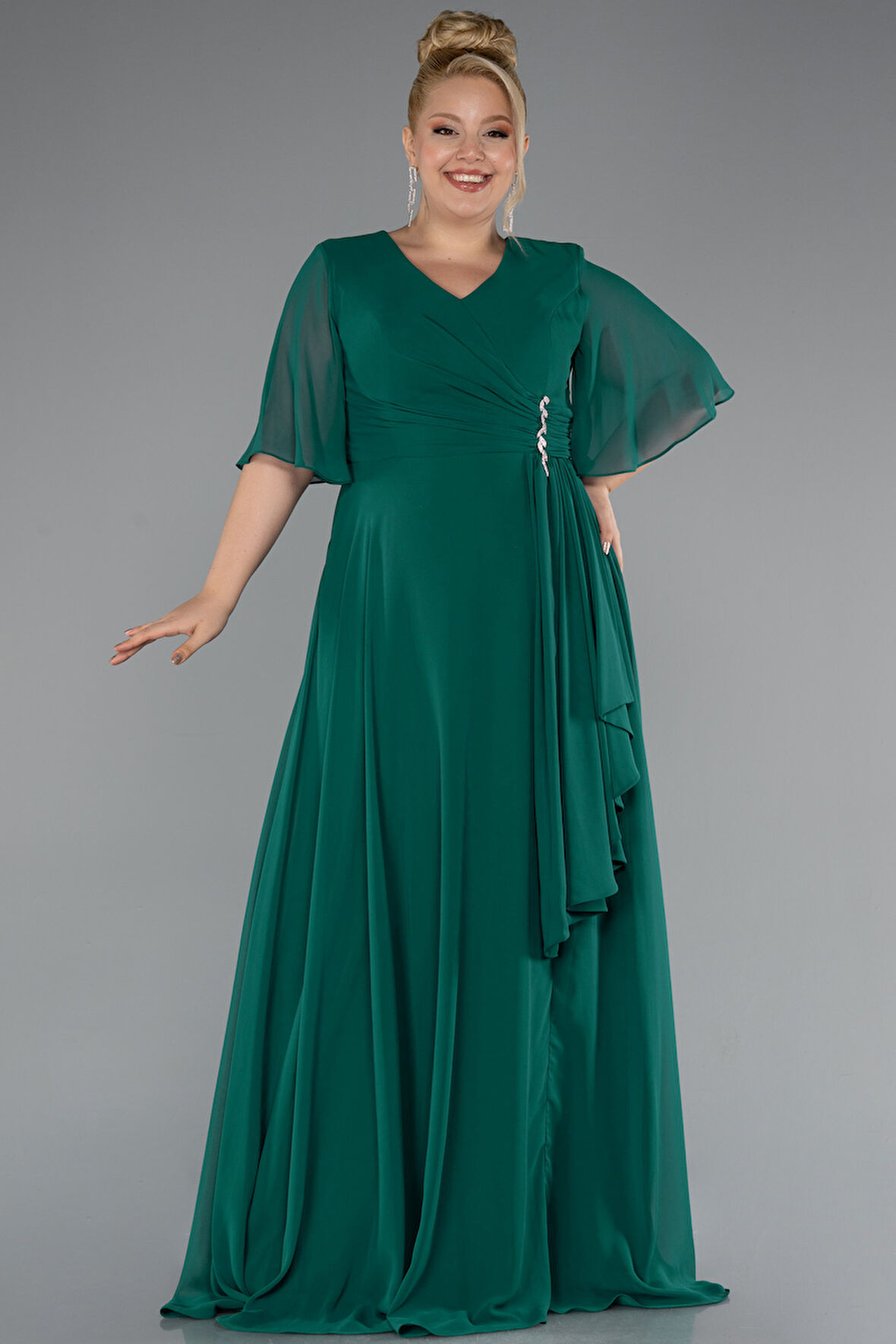 Kısa Kol V Yaka Uzun Şifon Büyük Beden Abiye ABU5180