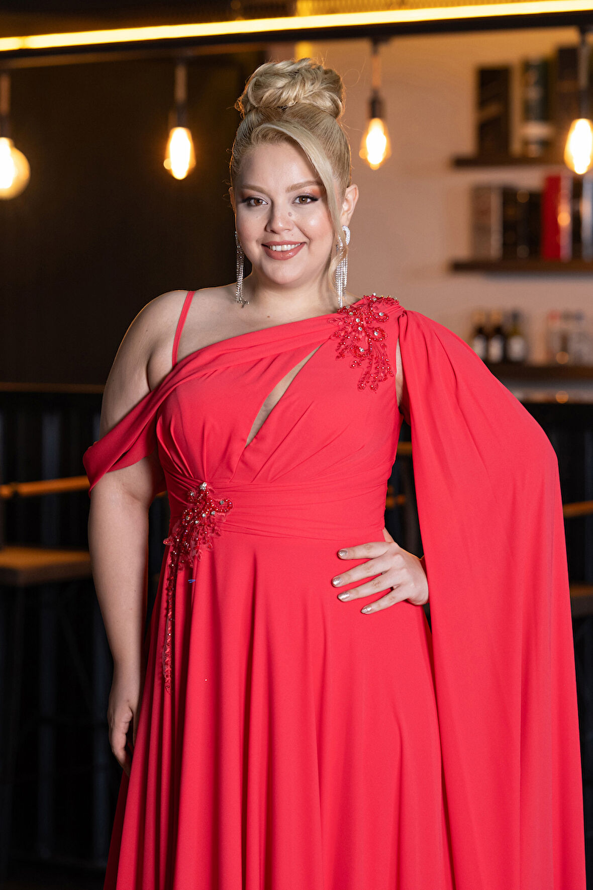 Yırtmaçlı Şallı Uzun Şifon Büyük Beden Abiye ABU5194