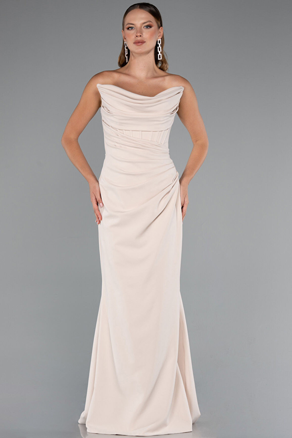 Straplez Balen Korse Şallı Uzun Abiye Elbise ABU5216