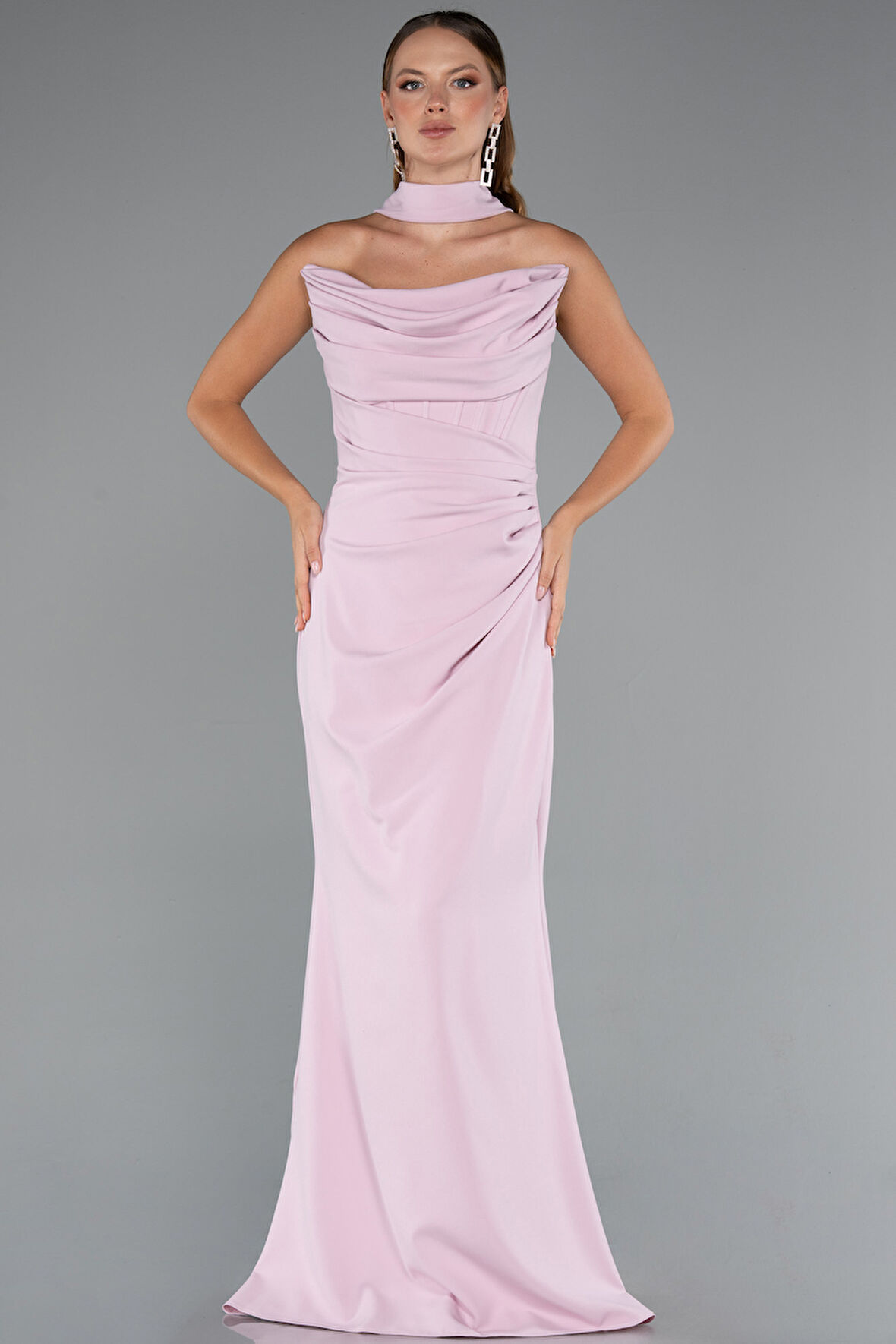 Straplez Balen Korse Şallı Uzun Abiye Elbise ABU5216