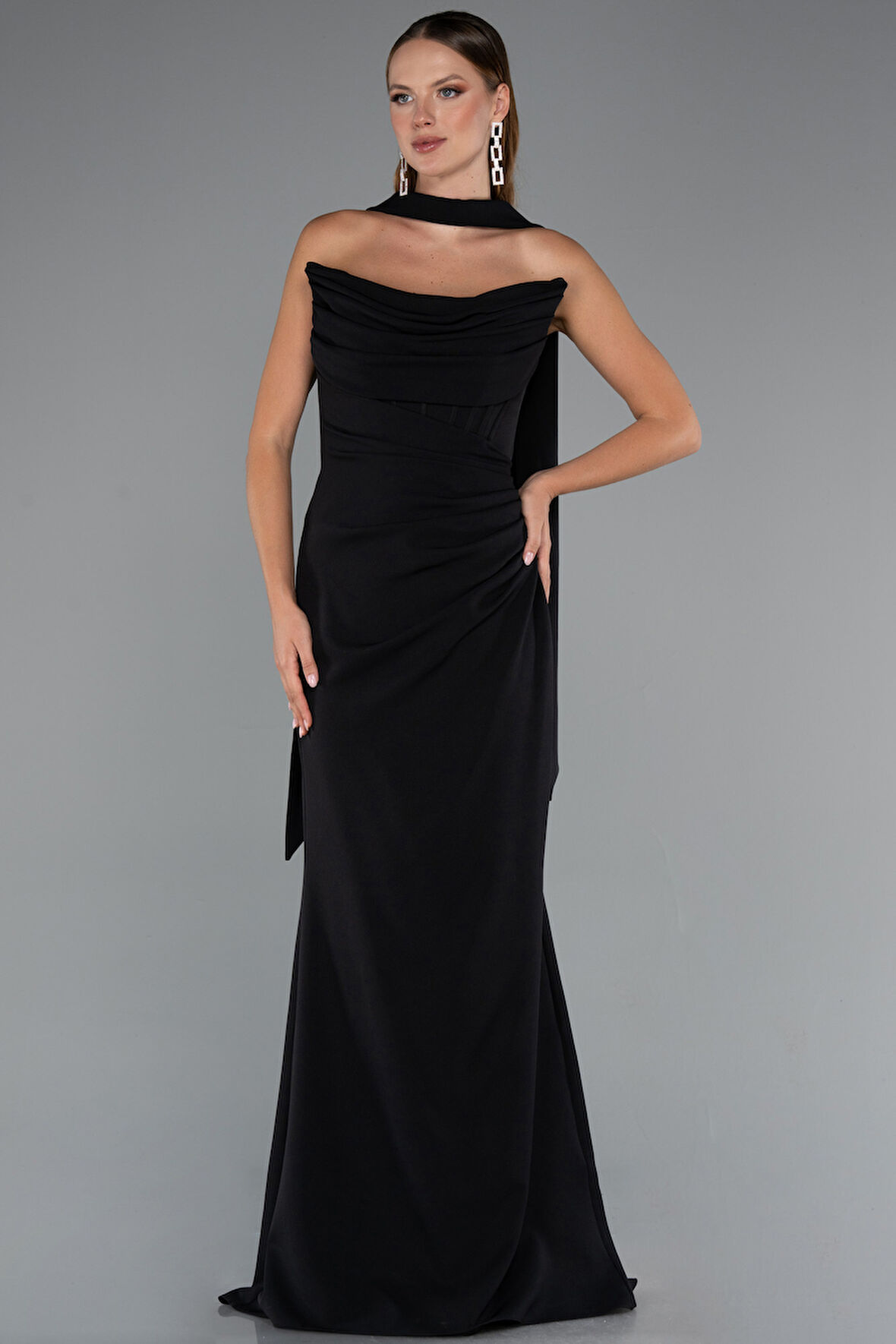 Straplez Balen Korse Şallı Uzun Abiye Elbise ABU5216