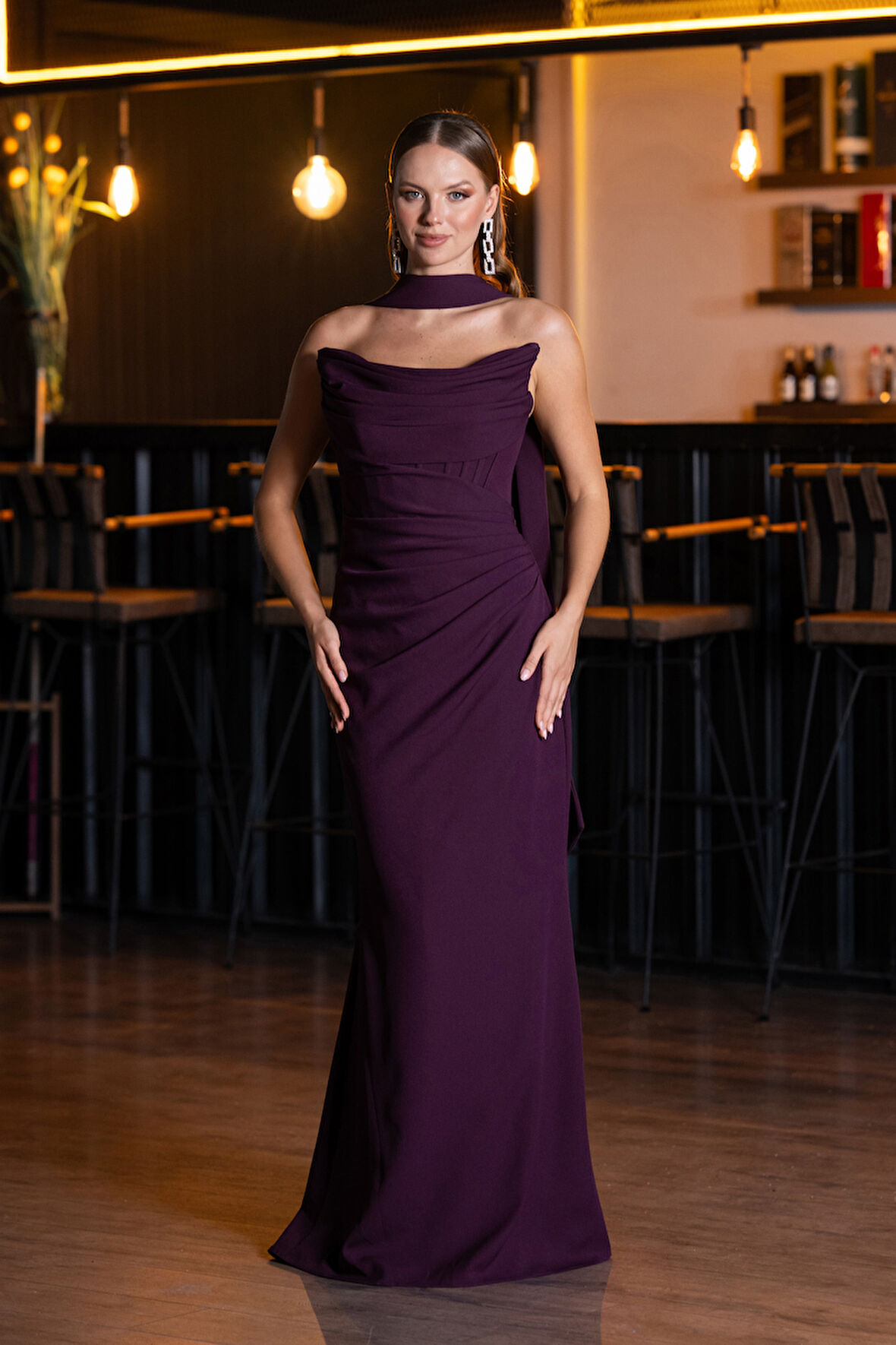 Straplez Balen Korse Şallı Uzun Abiye Elbise ABU5216