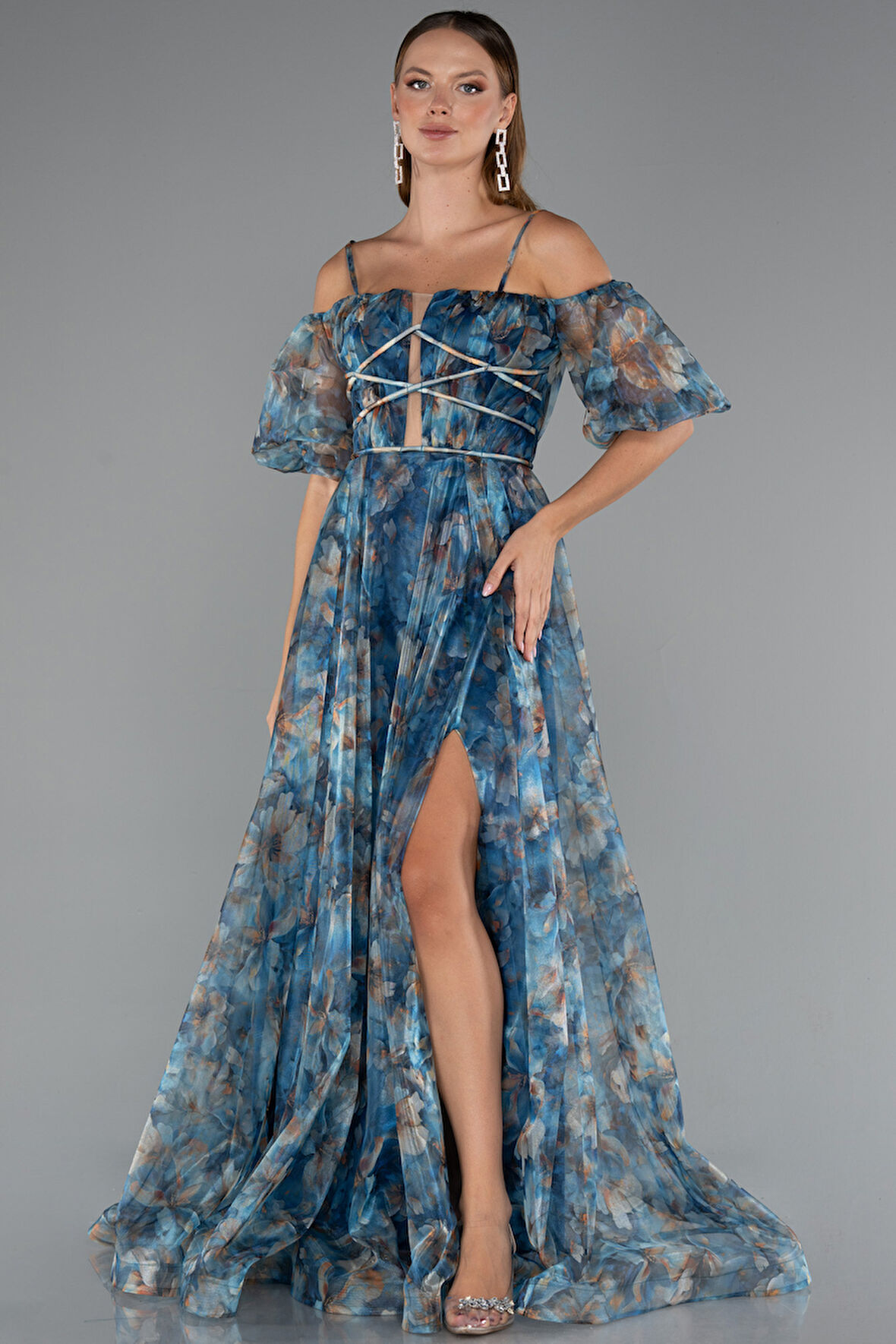 Bacak Dekolteli Balon Kol Uzun Desenli Abiye ABU5221