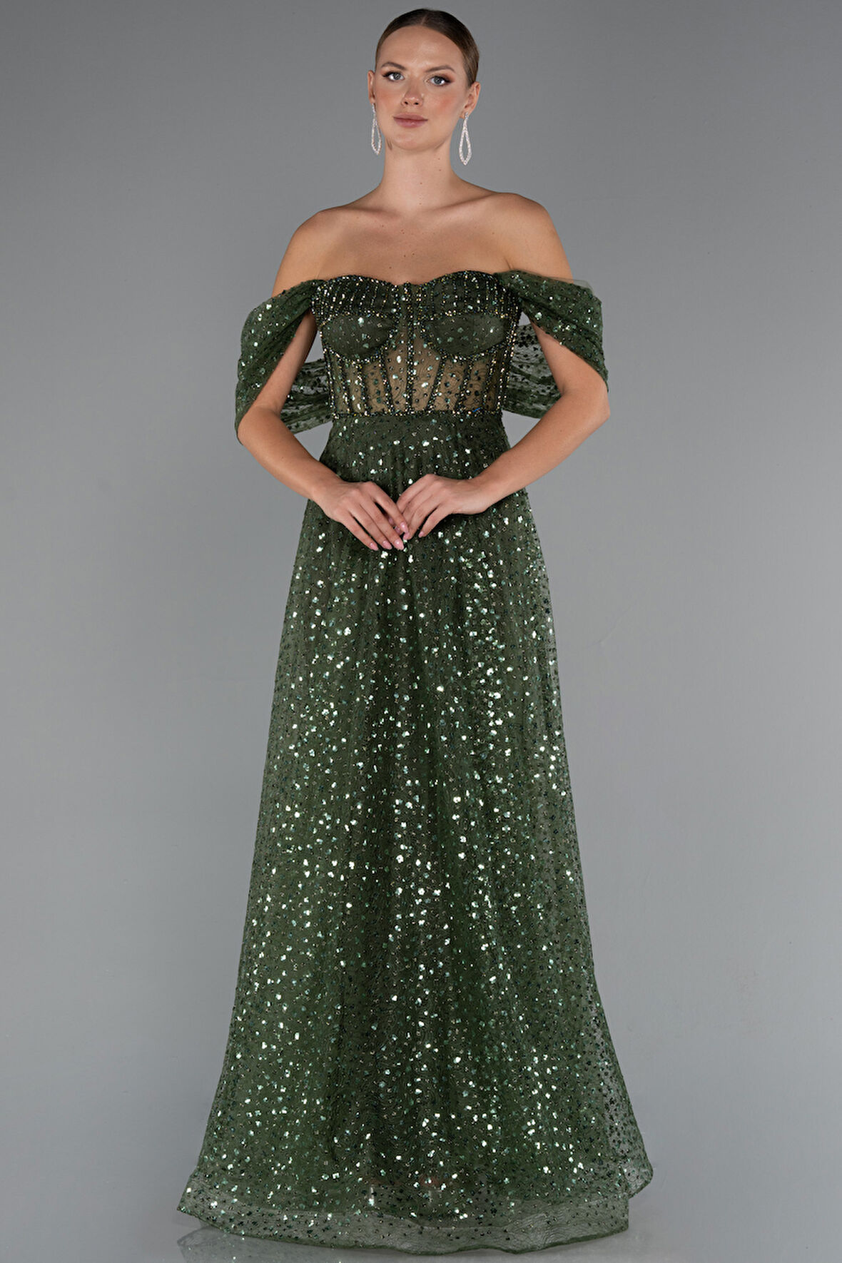 Kayık Yaka Saten Peplum Kesim Uzun Şifon Abiye ABU5226