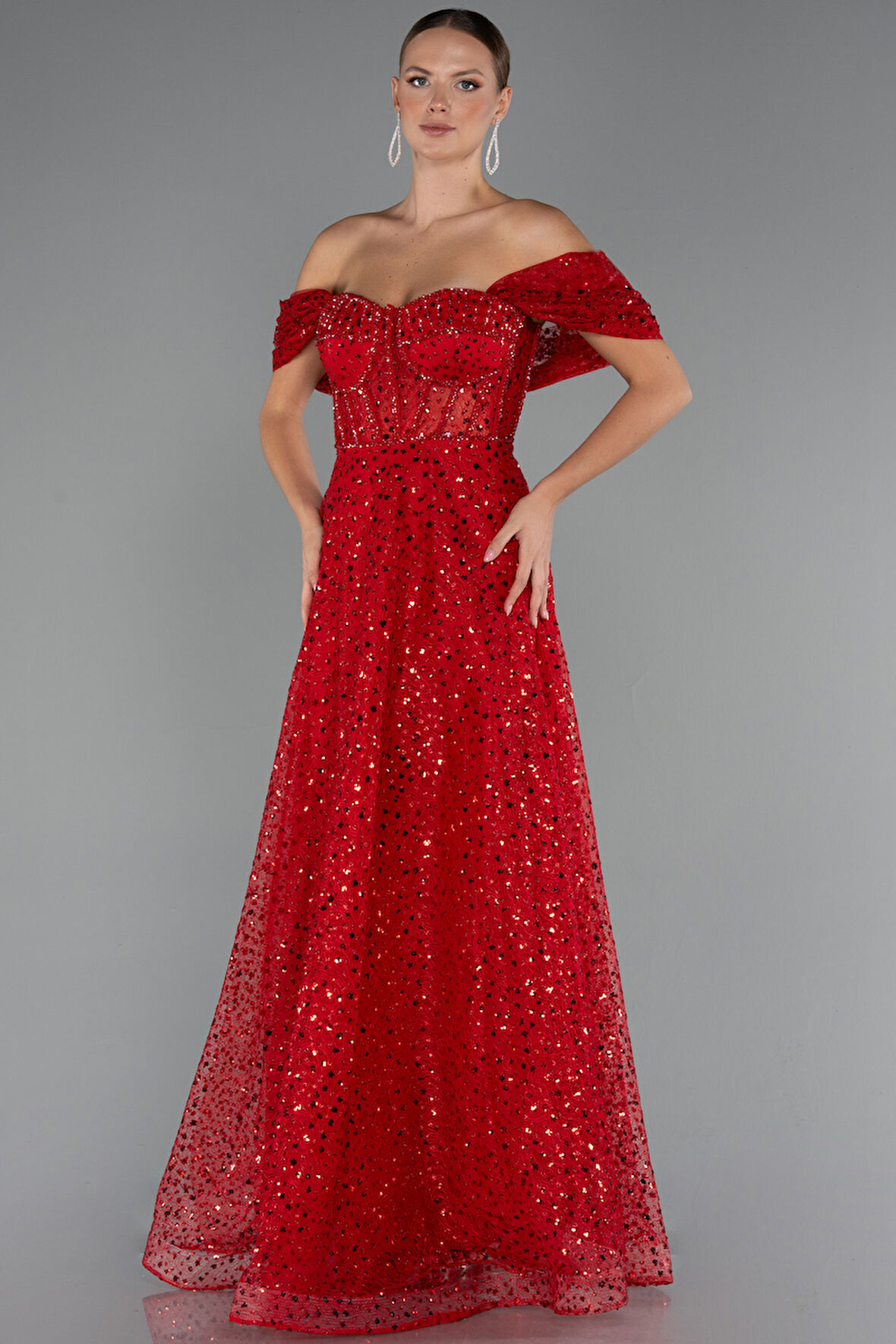 Kayık Yaka Saten Peplum Kesim Uzun Şifon Abiye ABU5226