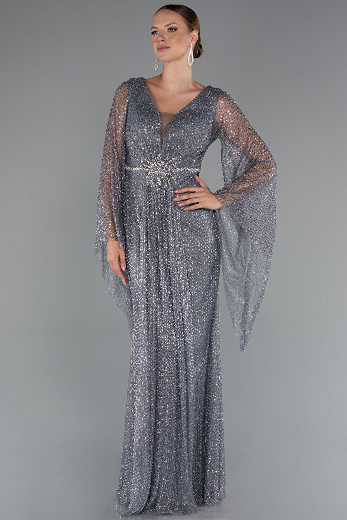 Simli Uzun Kol Beli Taşlı Özel Tasarım Abiye ABU5230