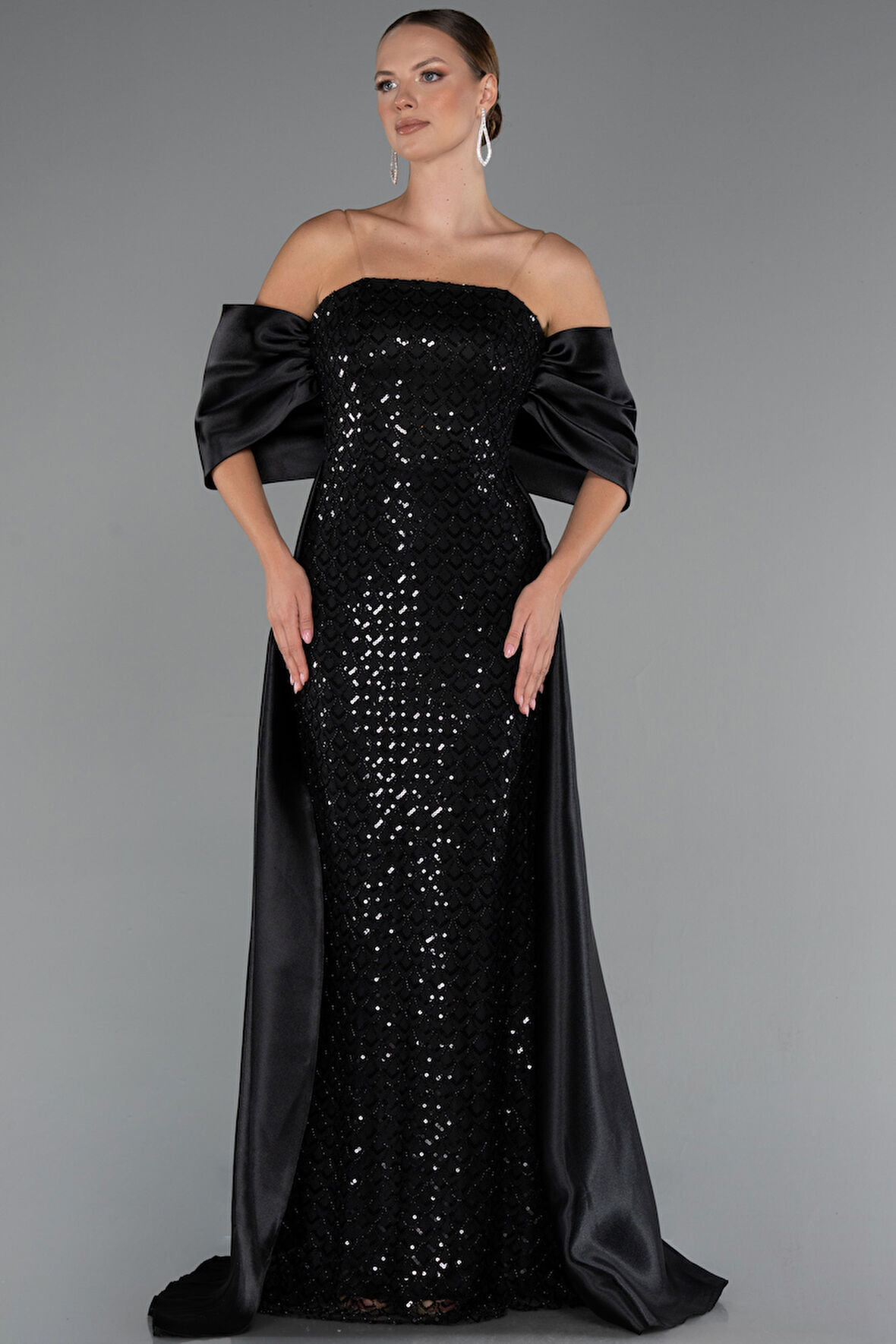 Straplez Boncuklu Saten Kuyruklu Uzun Abiye ABU5234