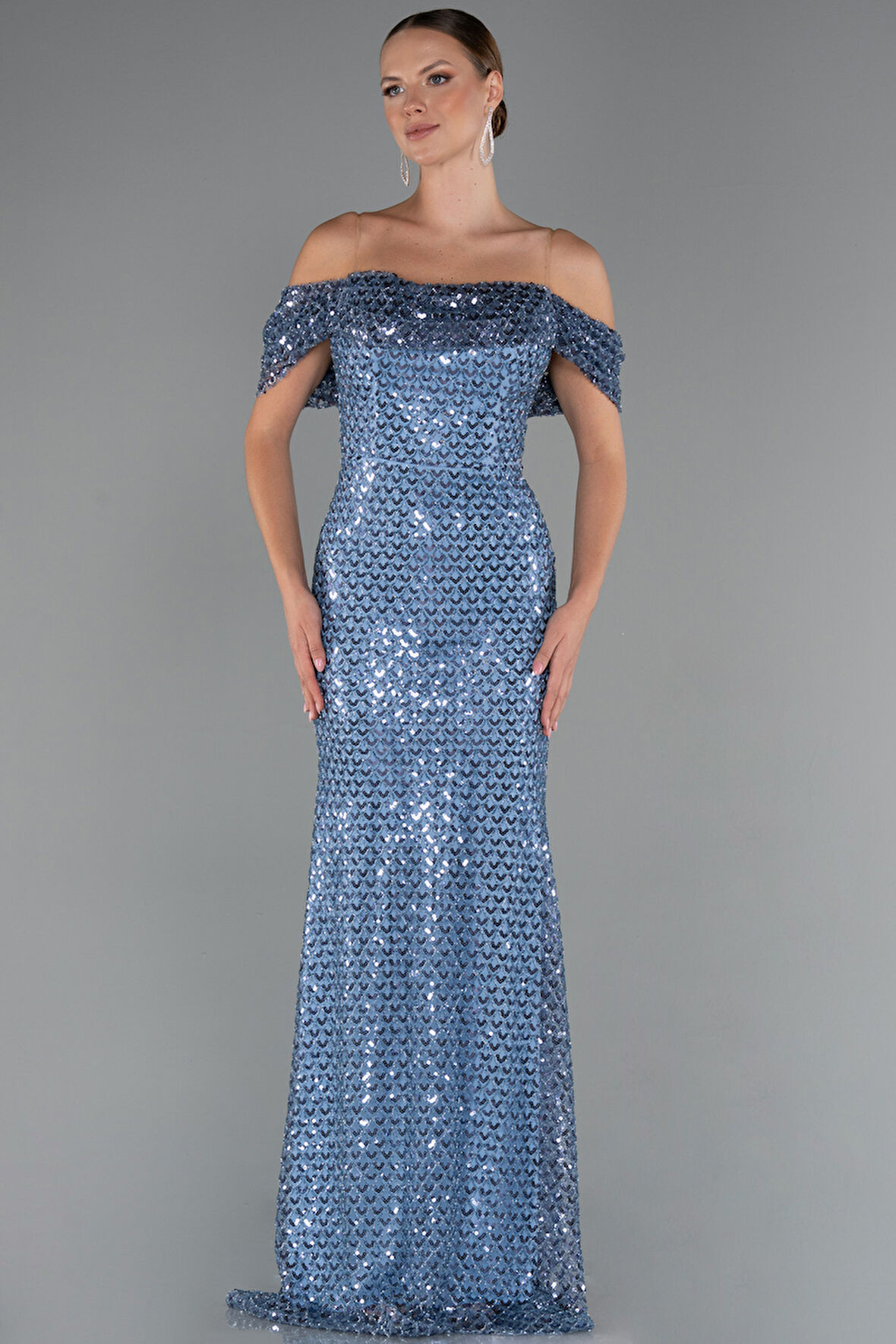 Kayık Yaka Taşlı Uzun Balık Abiye Elbise ABU5239