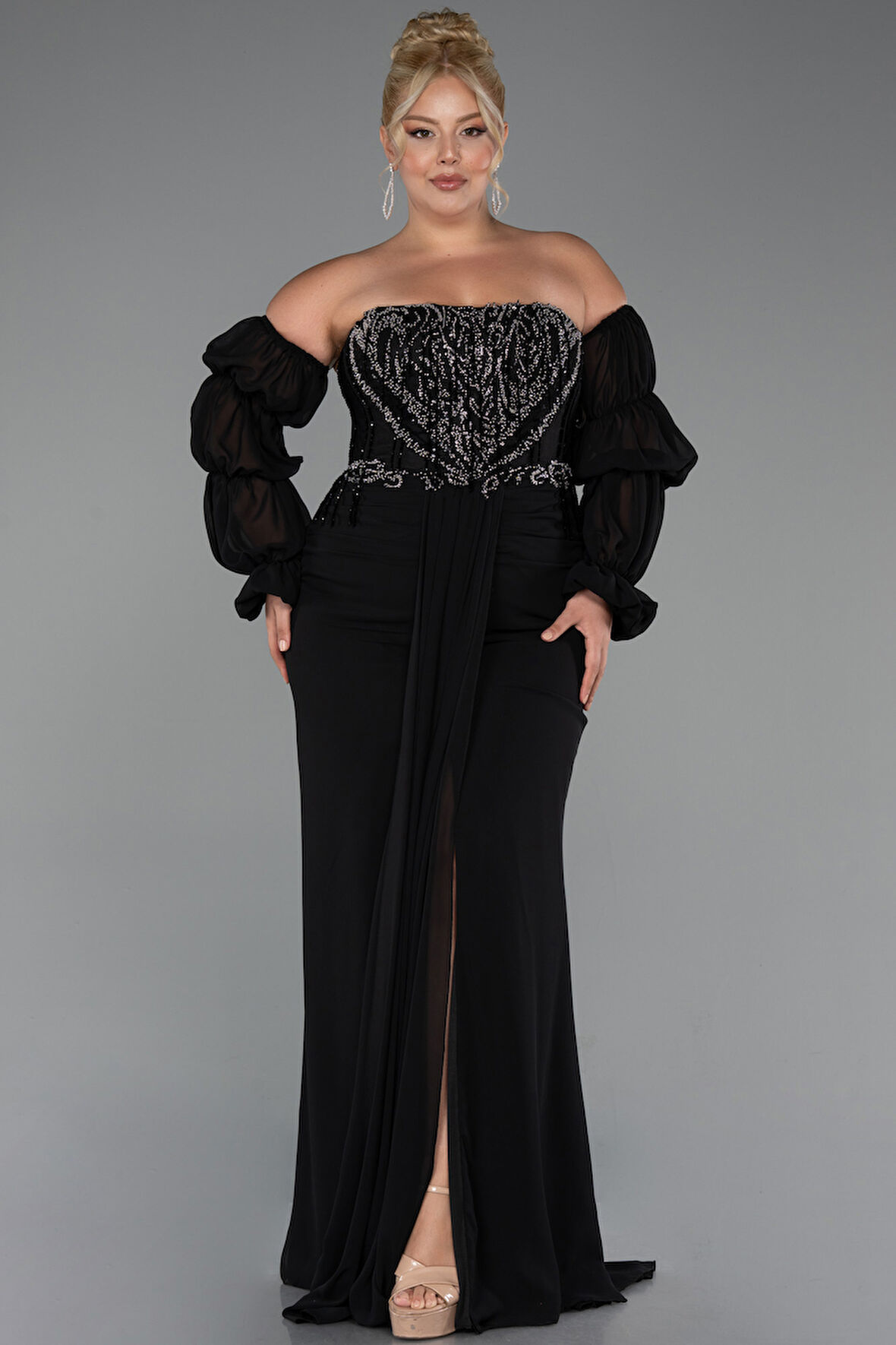 Taşlı Straplez Uzun Şifon Büyük Beden Abiye ABU5242