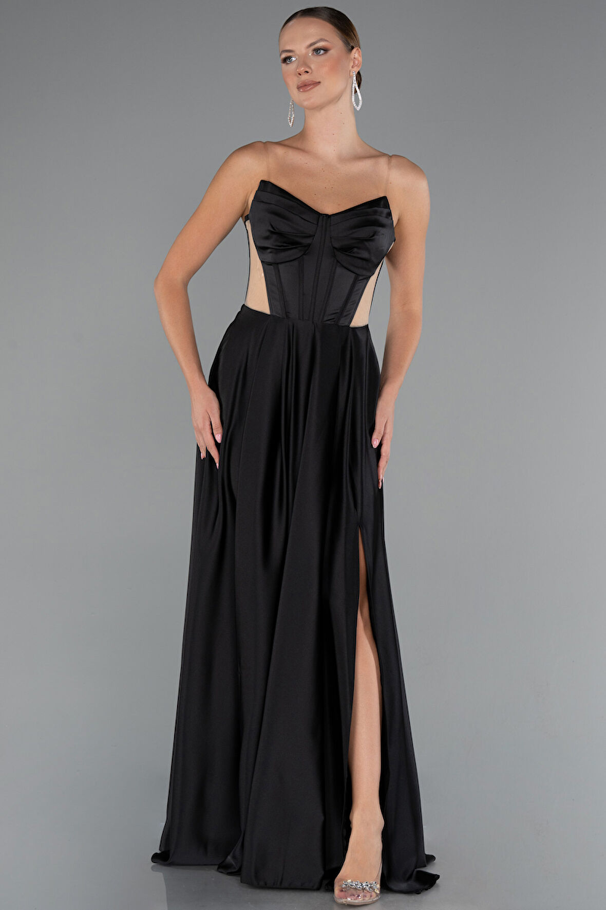 Straplez Yırtmaçlı Cut Out Uzun Saten Abiye ABU5246