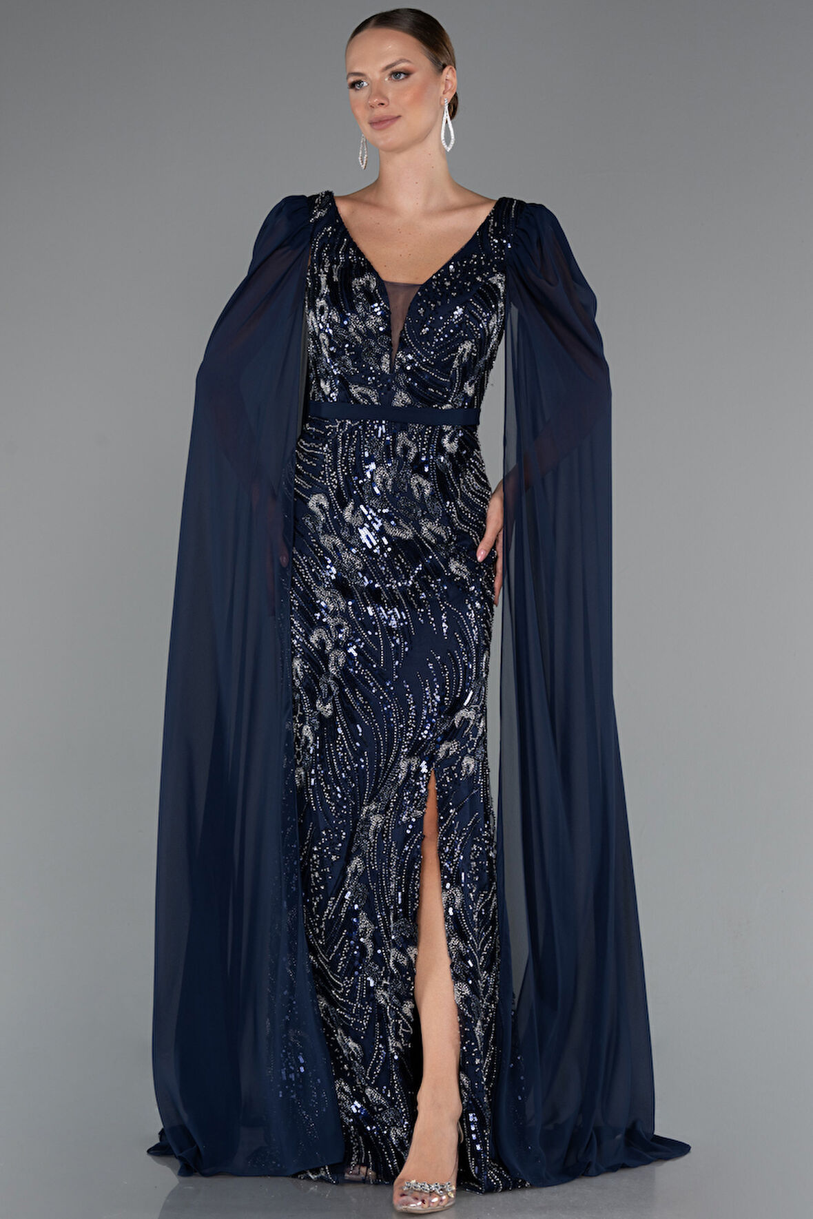 Uzun Şal Kol Boncuklu Yırtmaçlı Abiye Elbise ABU5248