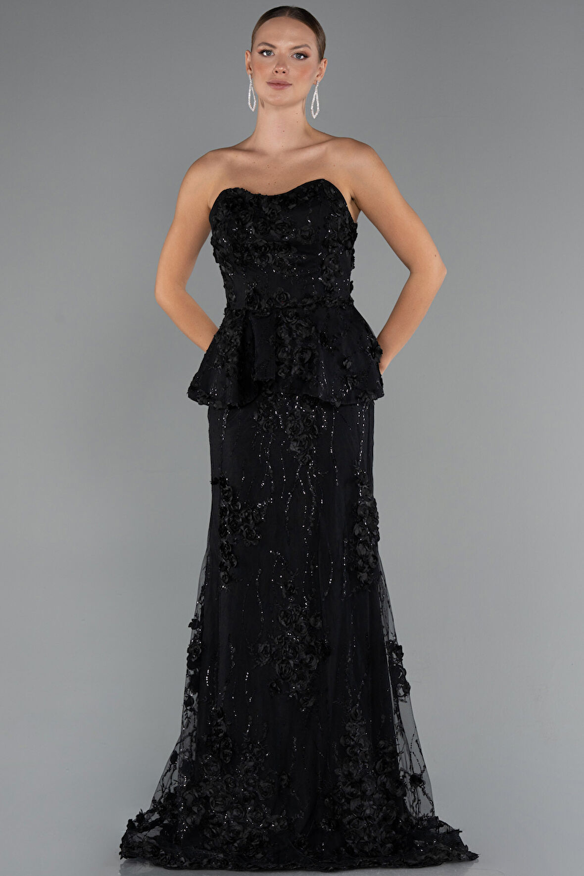 Straplez 3D Çiçek İşlemeli Peplum Uzun Abiye ABU5249