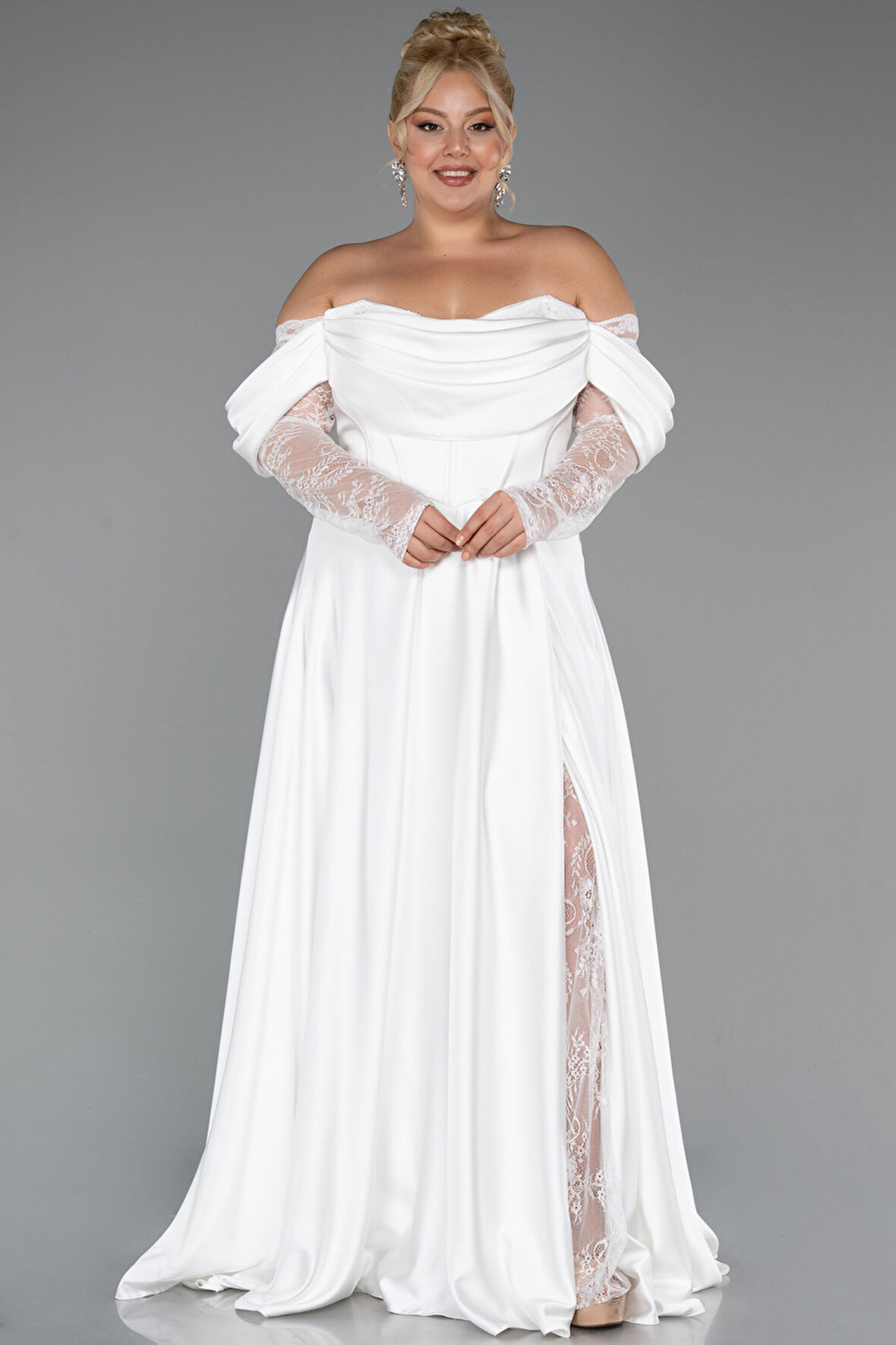 Dantel Uzun Kol Kayık Yaka Saten Büyük Beden Abiye ABU5261