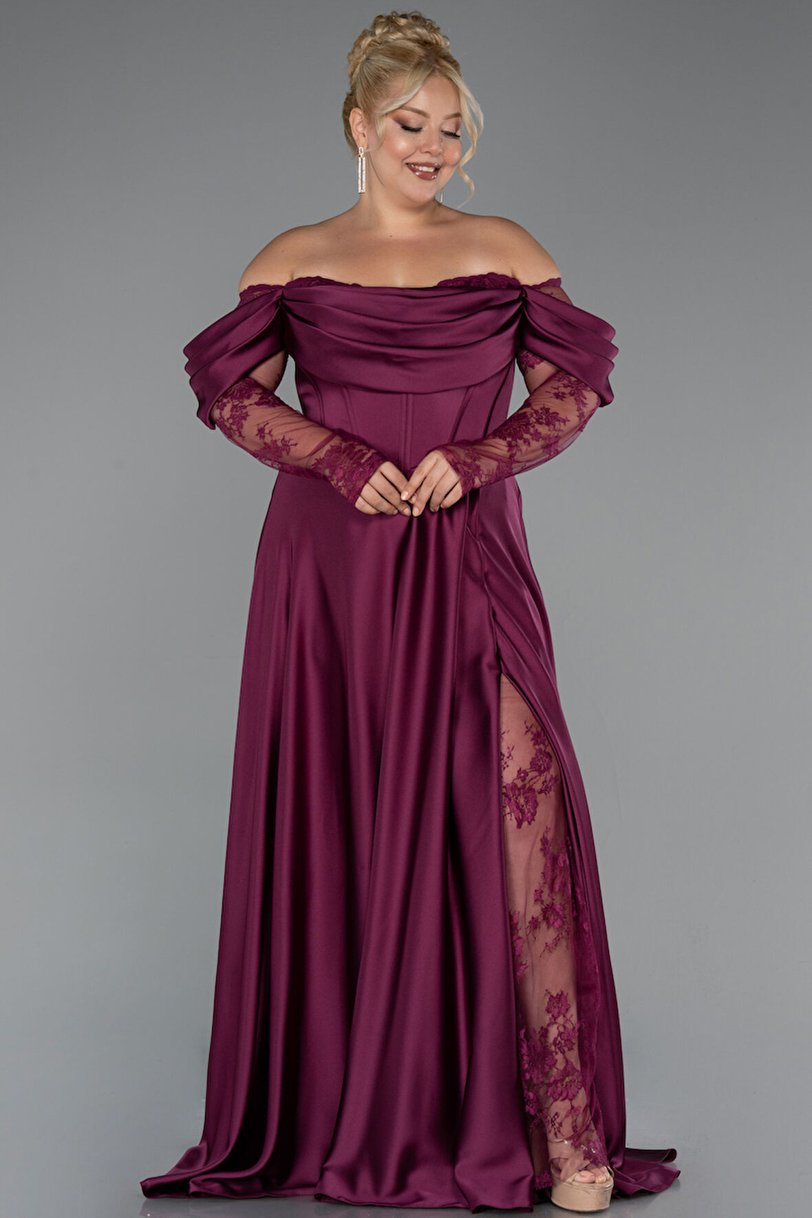 Dantel Uzun Kol Kayık Yaka Saten Büyük Beden Abiye ABU5261