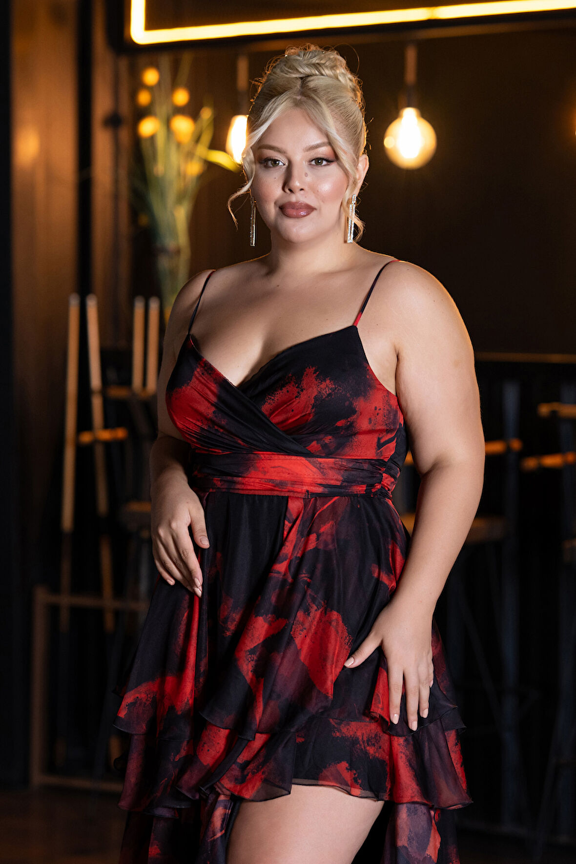 Bacak Dekolteli Uzun Desenli Büyük Beden Abiye ABU5267