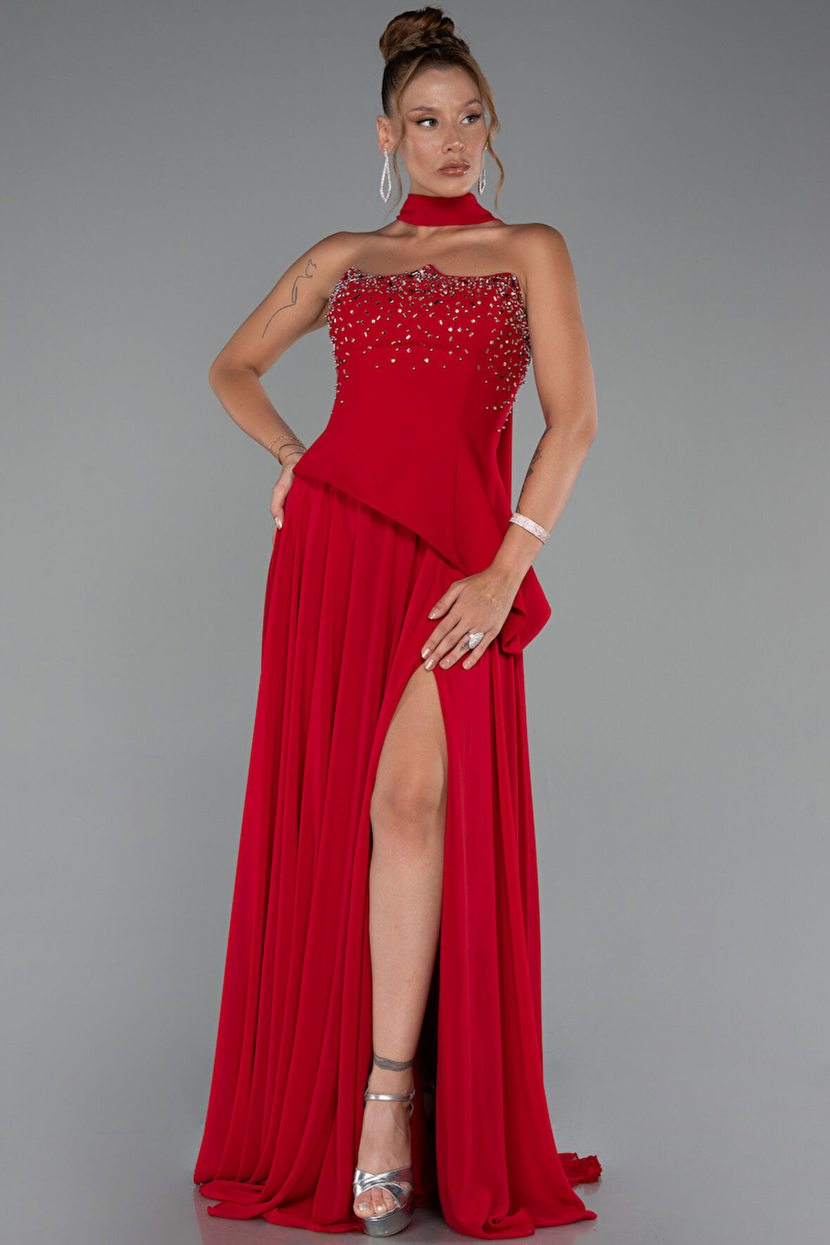 Taşlı Straplez Yırtmaçlı Şallı Uzun Şifon Abiye ABU5280