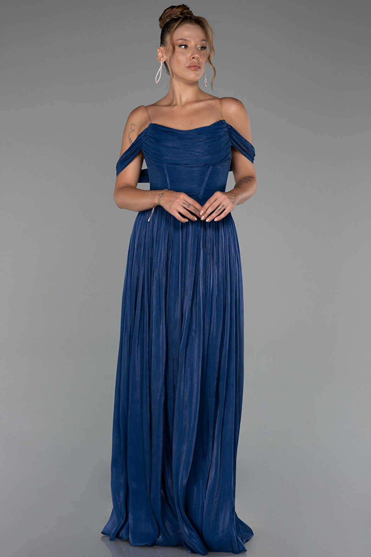 Kayık Yaka Ateş Pile Uzun Şifon Abiye ABU5283