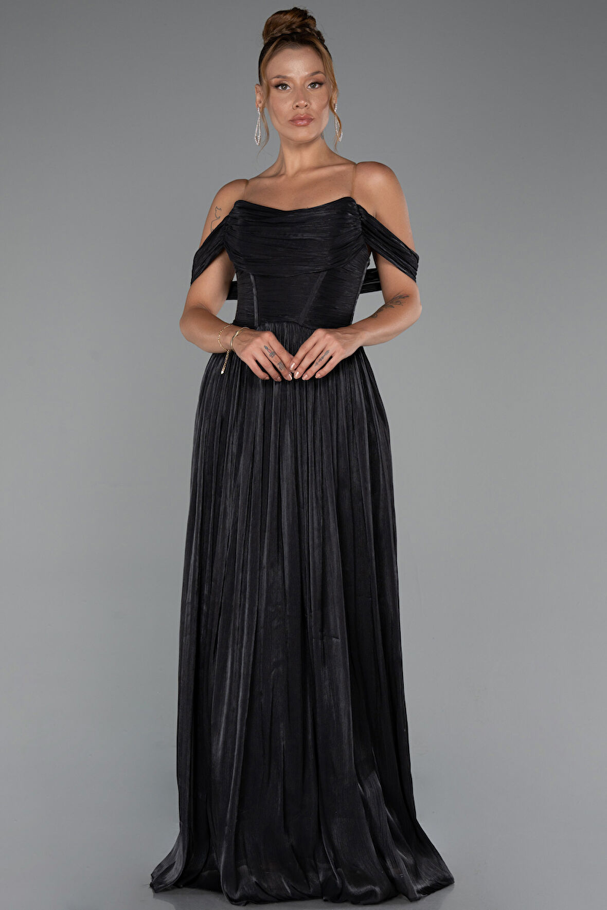 Kayık Yaka Ateş Pile Uzun Şifon Abiye ABU5283