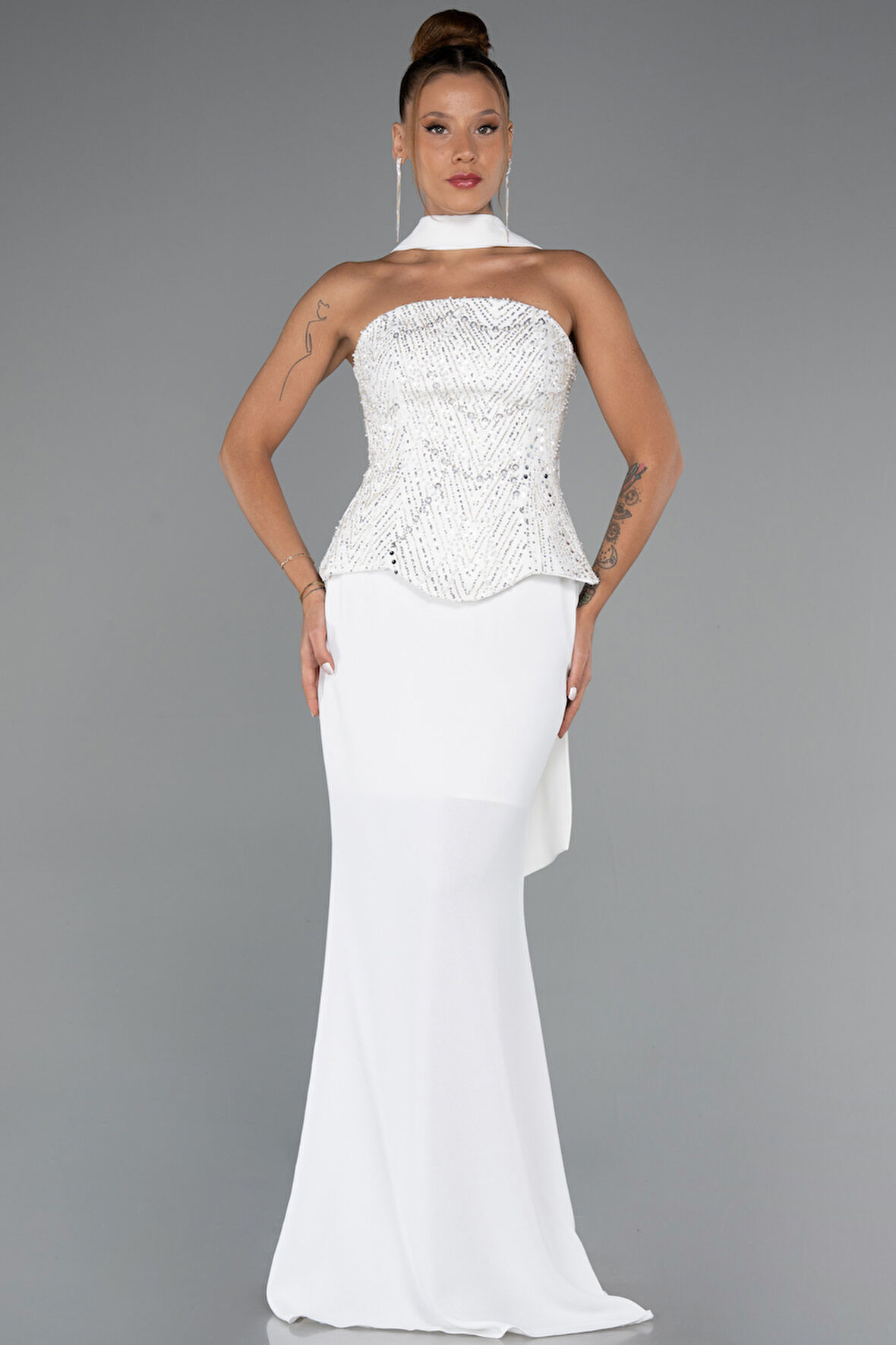 Pullu Straplez Peplum Kesim Uzun Abiye Elbise ABU5320