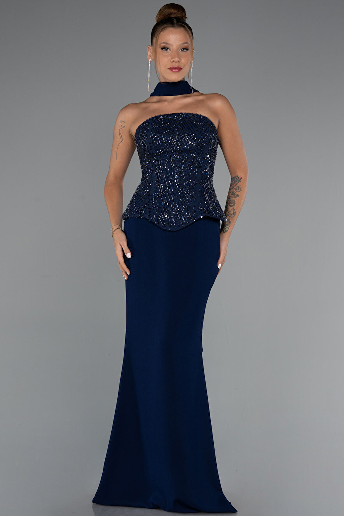 Pullu Straplez Peplum Kesim Uzun Abiye Elbise ABU5320