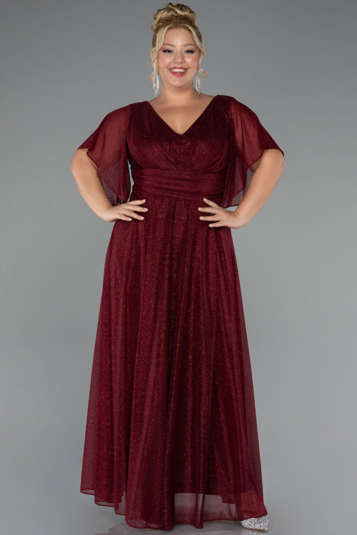 Kısa Kol V Yaka Uzun Simli Büyük Beden Abiye ABU5323