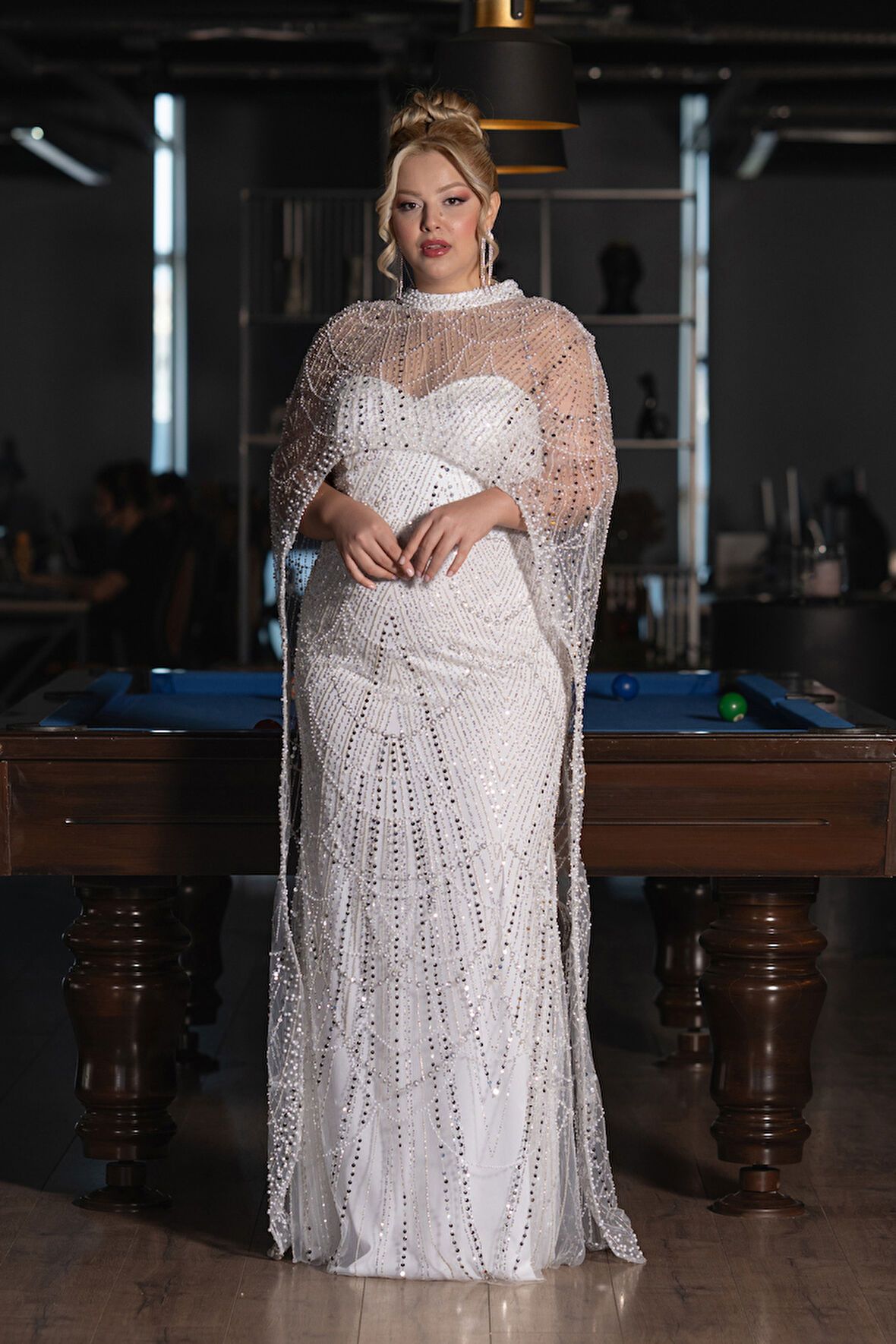 Straplez Boncuk İşlemeli Şallı Büyük Beden Uzun Abiye ABU5328