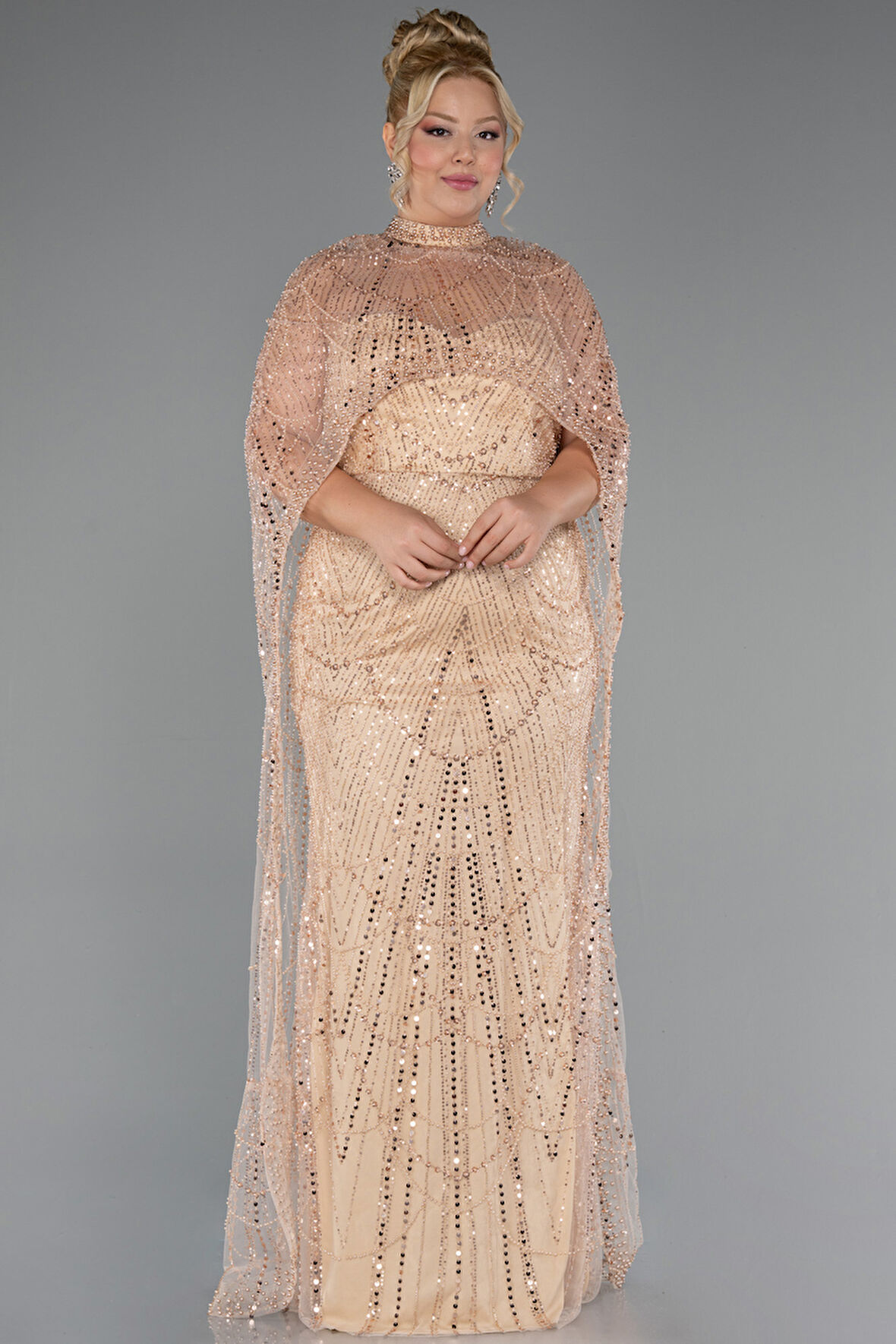 Straplez Boncuk İşlemeli Şallı Büyük Beden Uzun Abiye ABU5328