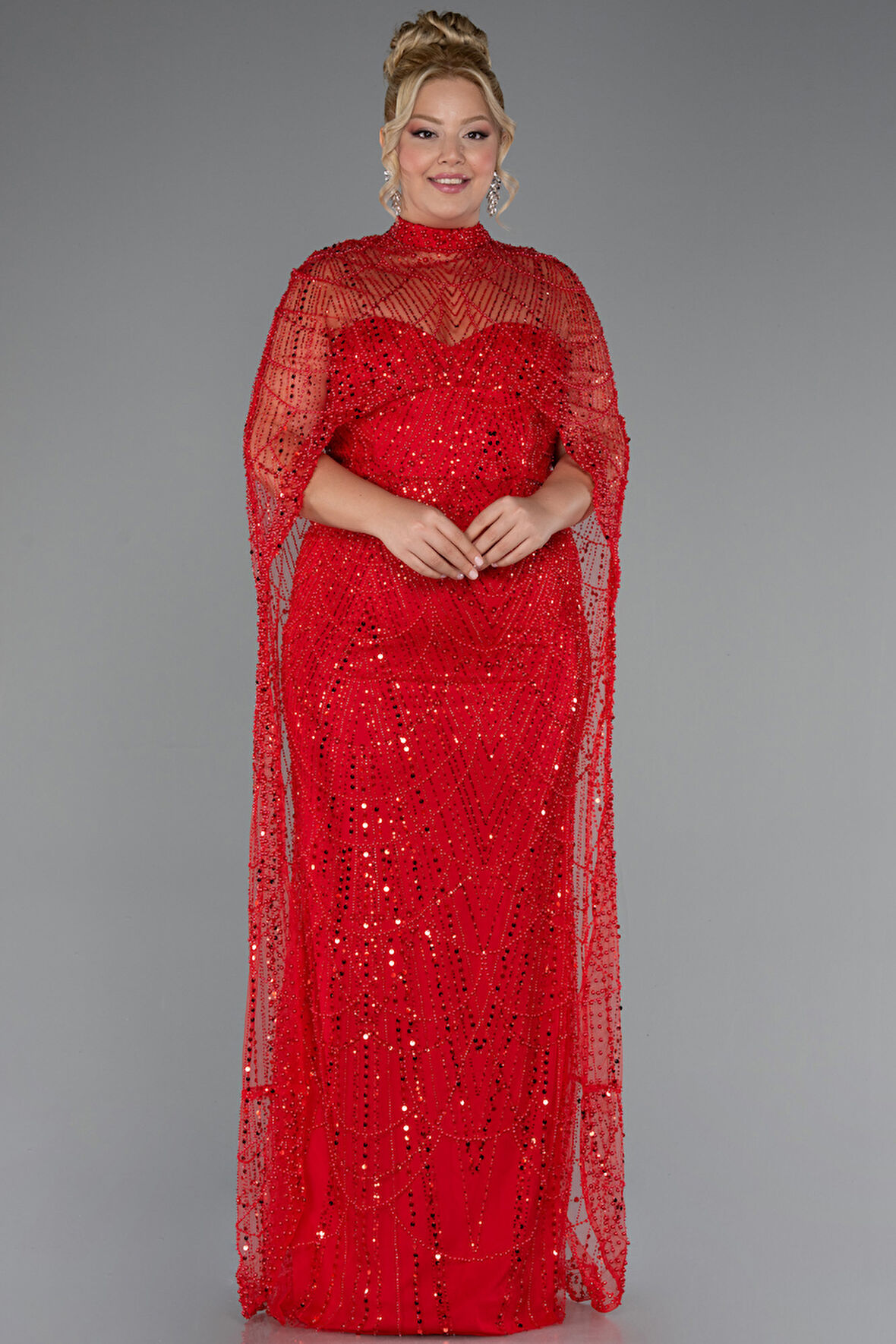 Straplez Boncuk İşlemeli Şallı Büyük Beden Uzun Abiye ABU5328