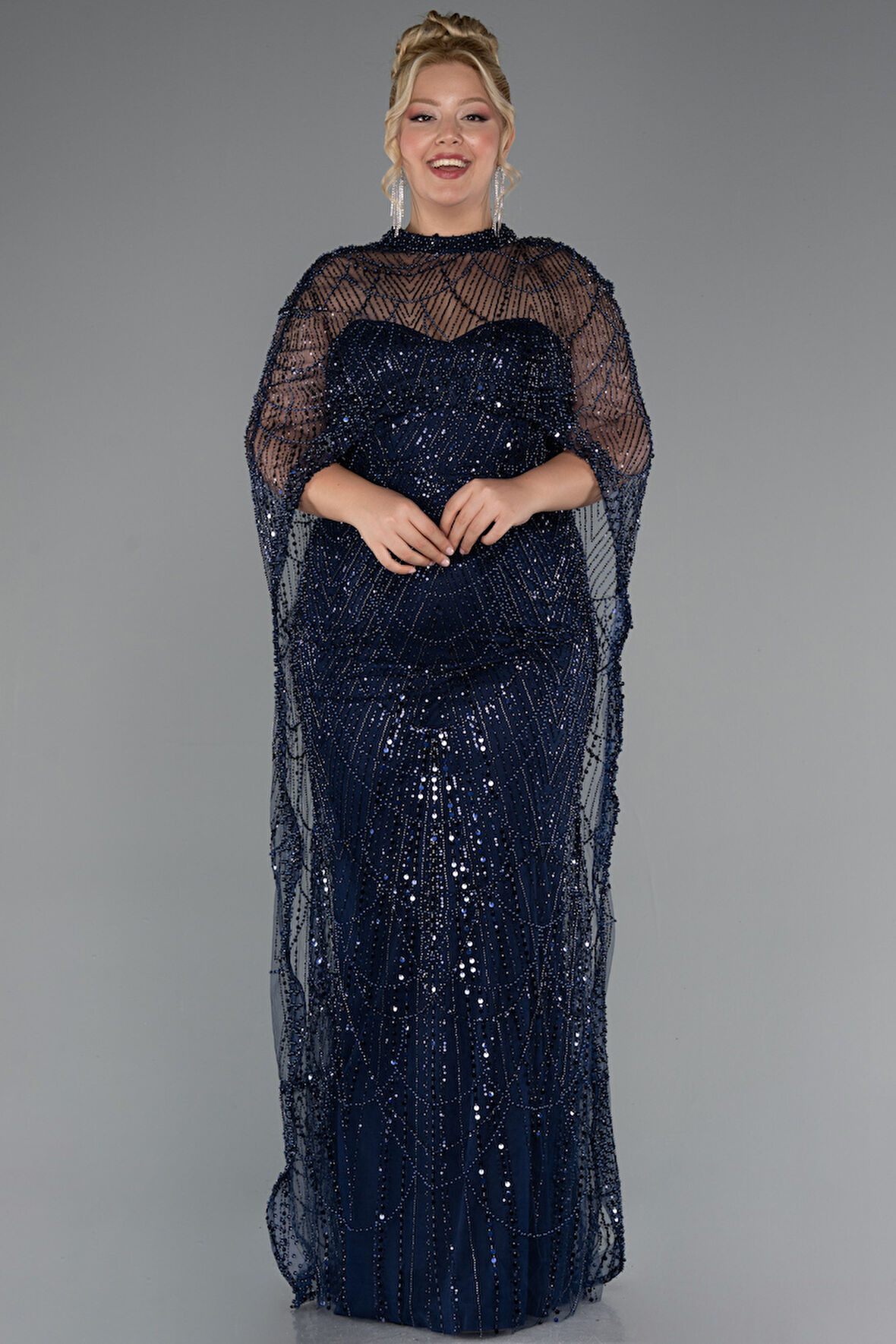 Straplez Boncuk İşlemeli Şallı Büyük Beden Uzun Abiye ABU5328