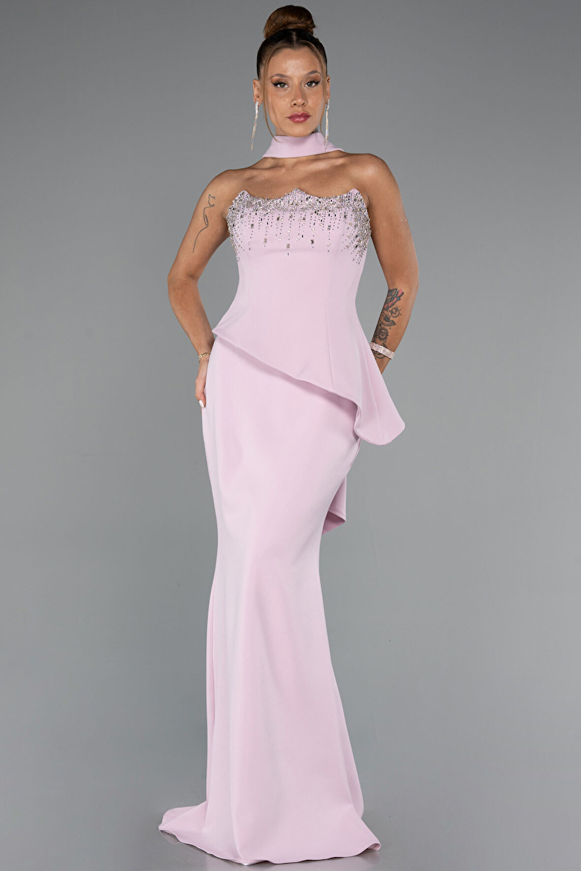 Taşlı Straplez Yaka Peplum Kesim Uzun Abiye ABU5329
