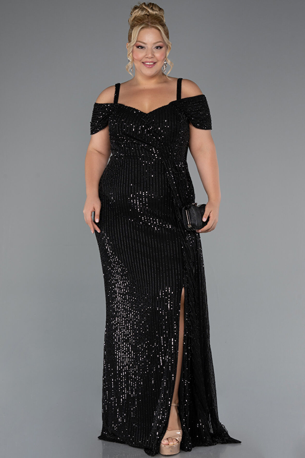 Askılı Yırtmaçlı Uzun Taşlı Büyük Beden Abiye ABU5331