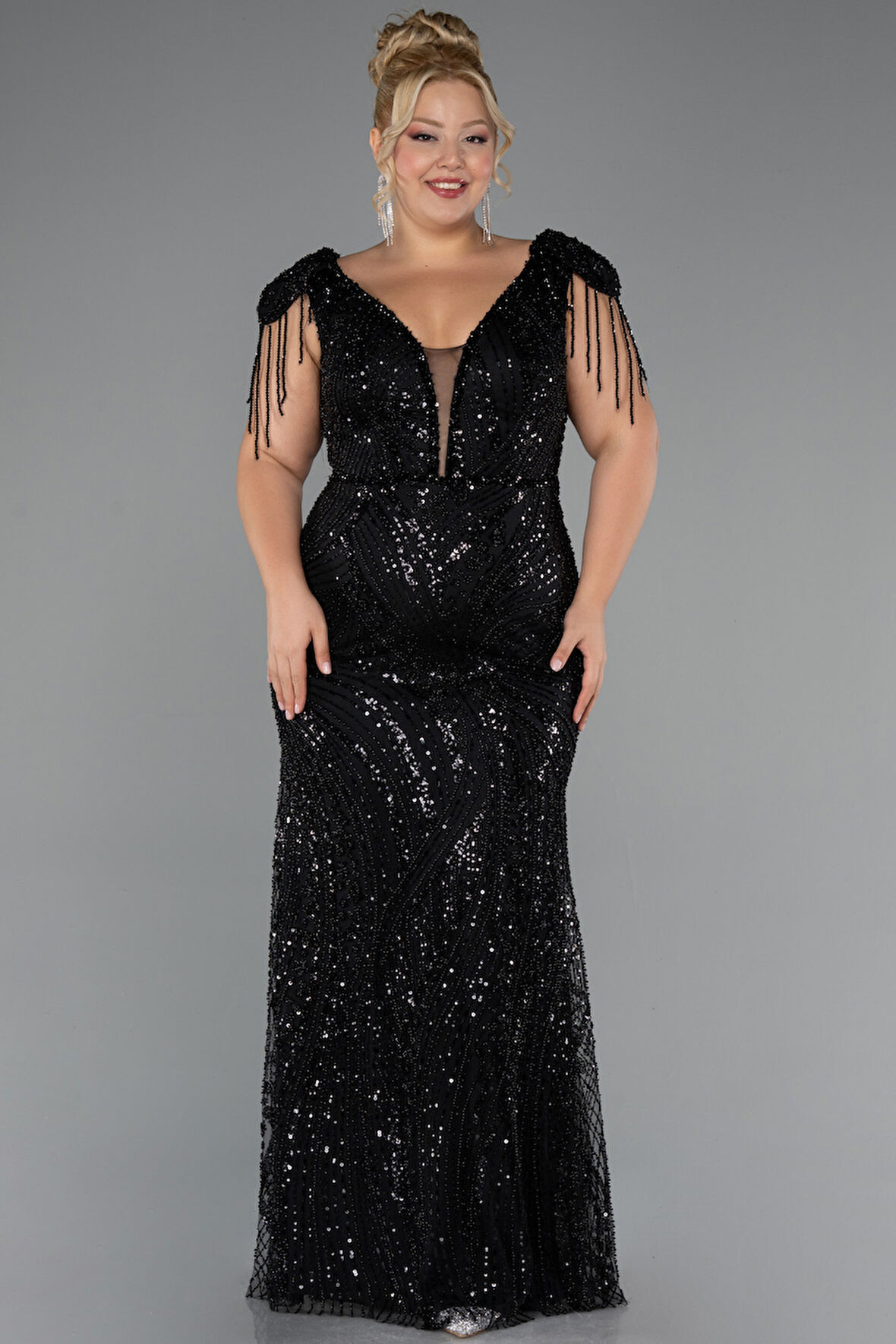 Boncuklu Kısa Kol V Yaka Uzun Büyük Beden Abiye ABU5336