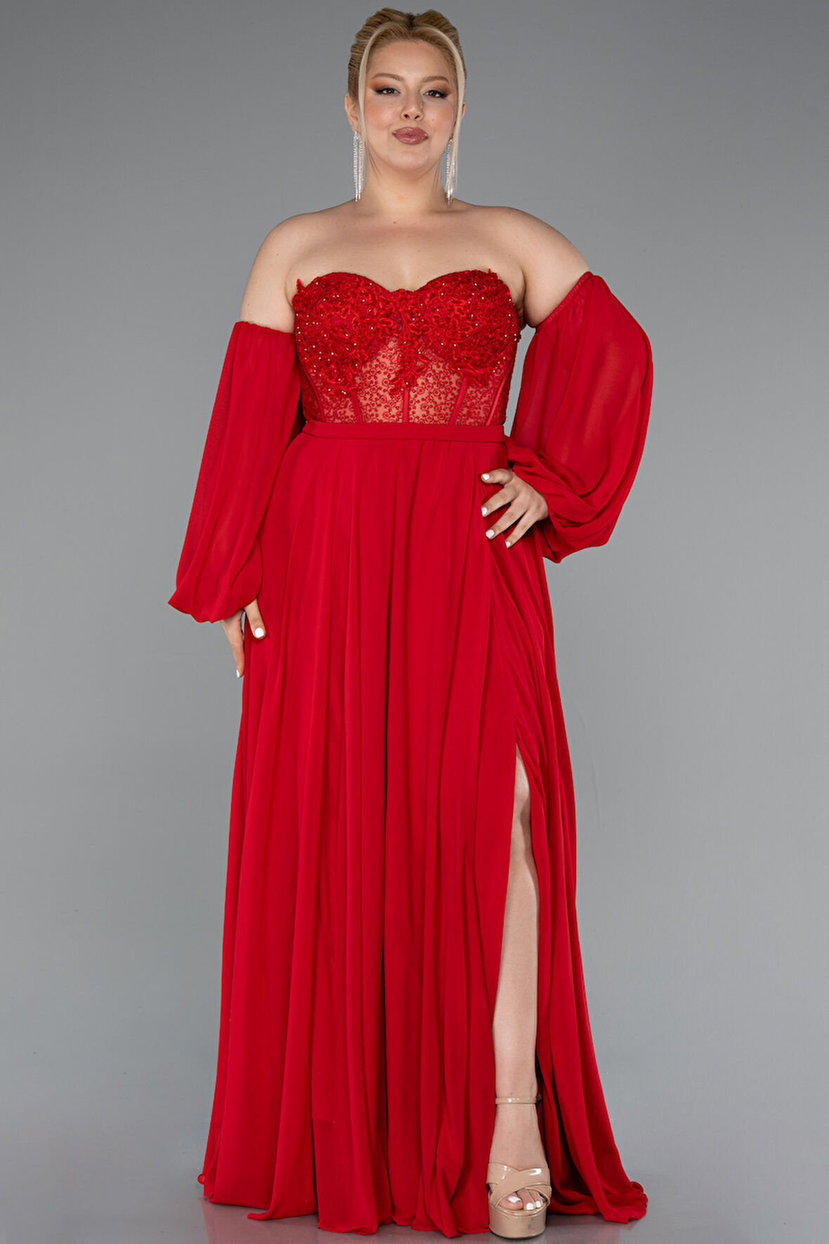 Straplez Şifon Büyük Beden Abiye ABU5449